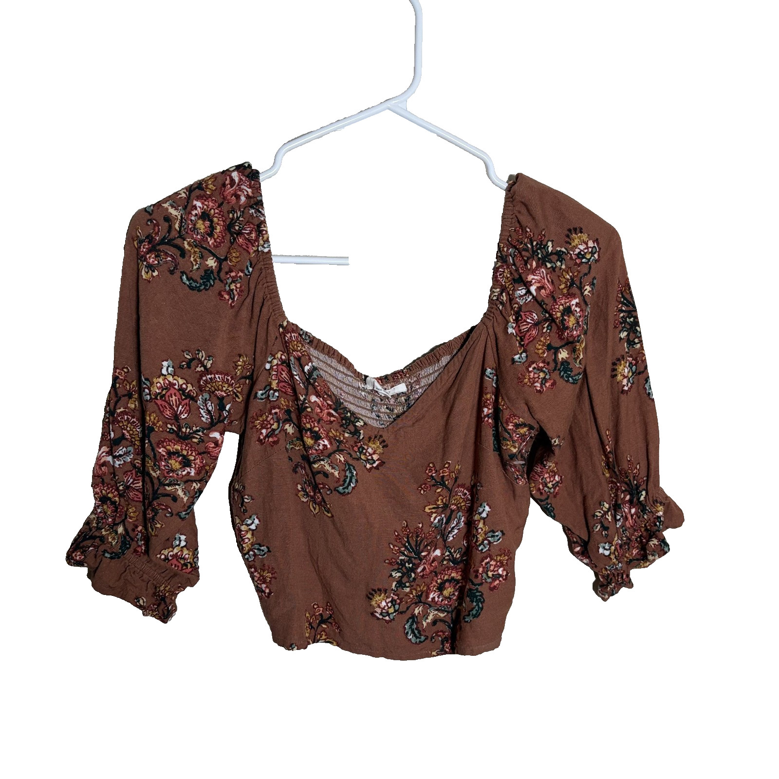 O’Neill Blouse Women’s XS Brown Cropped Smocked Short Sleeve Ruffle Boho