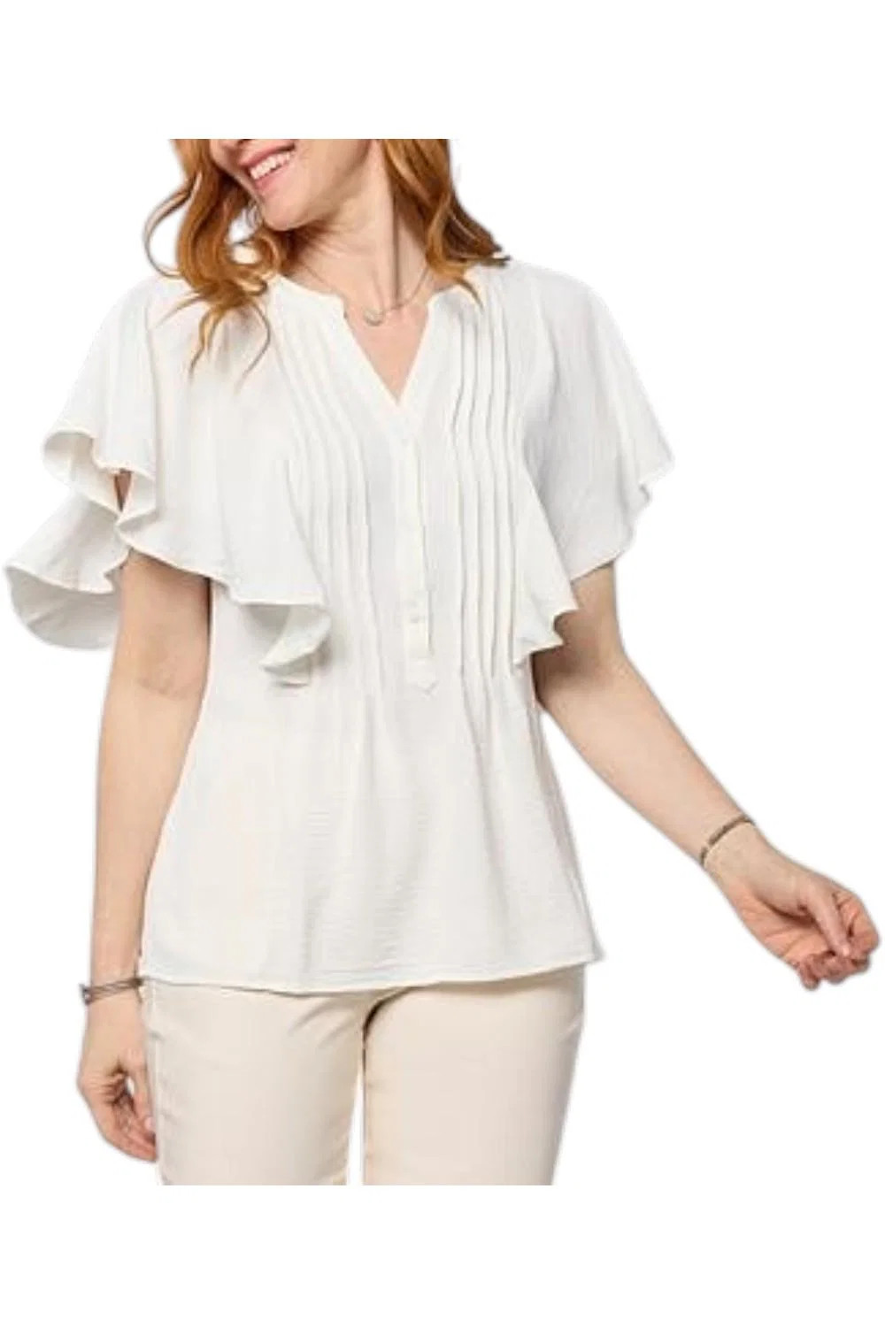 Nina Leonard Women’s Textured Flutter-Slv Mandarin Collar Blouse Ivory