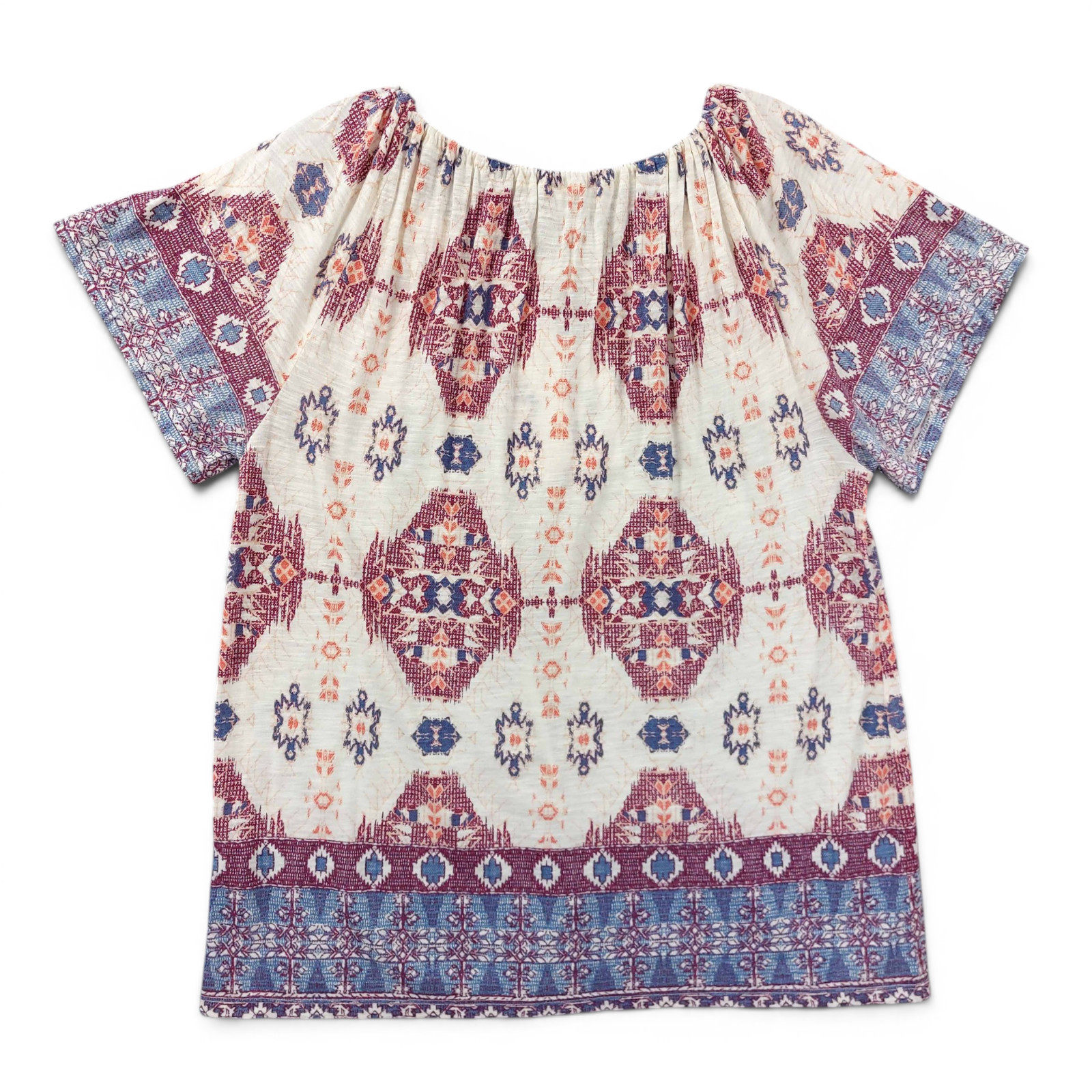 Lucky Brand Boho Peasant Top Womens Medium Tribal Print Tassel Tie Short Sleeve