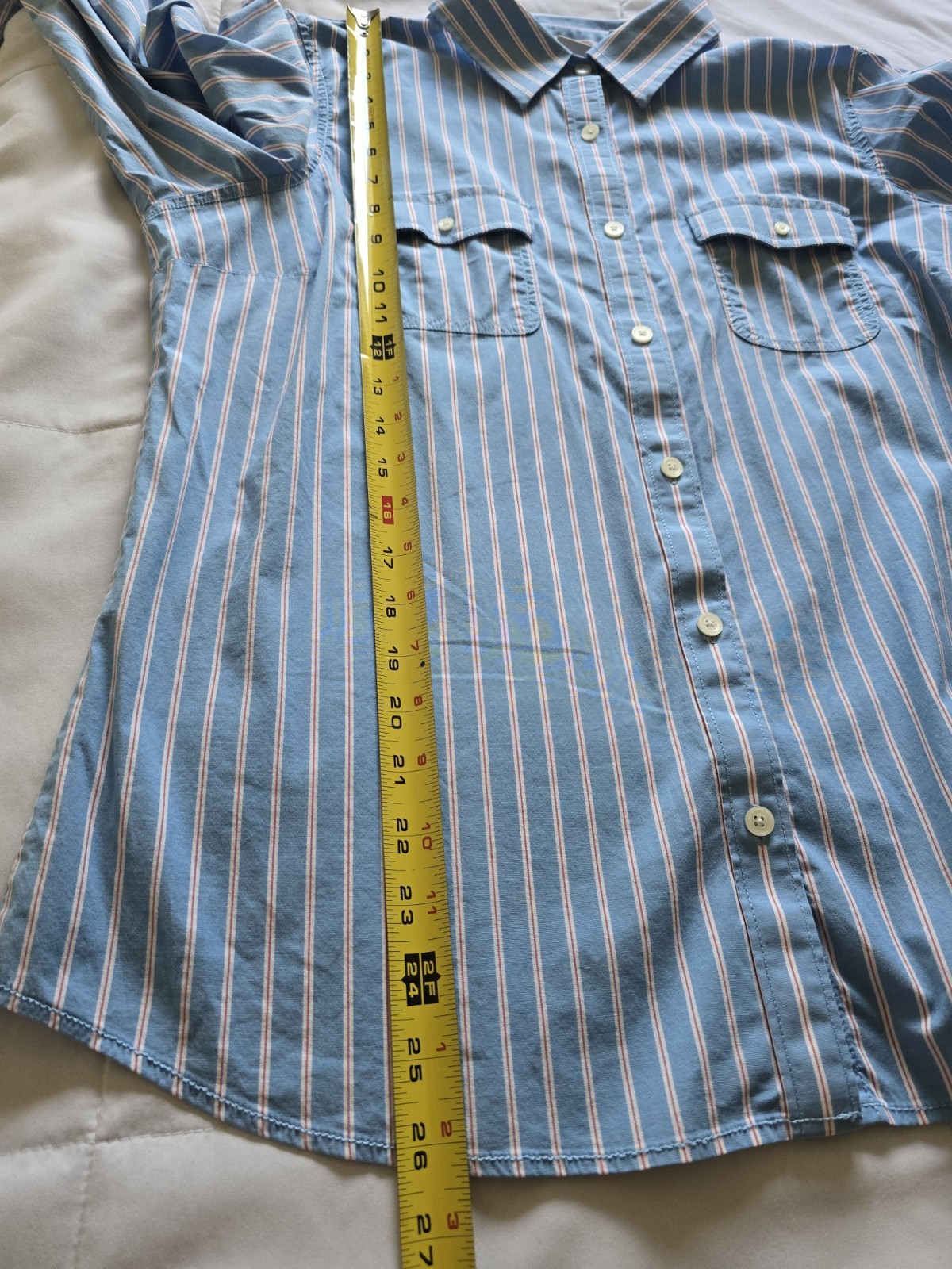 LL Bean Button Down Womens XL Blue/Red Stripe Roll Tab Top Career Casual Preppy