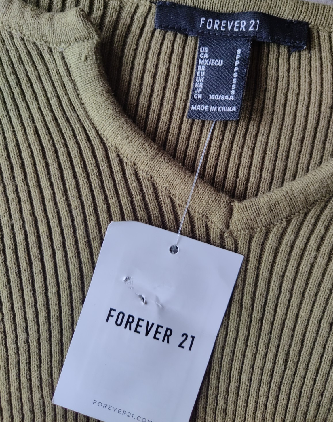 Forever 21 Womens Small Olive Sage Green Notch Neck Ribbed Long Sleeve Top S