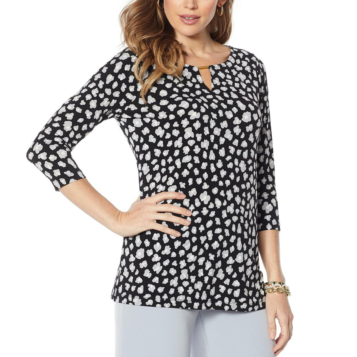Tunic Gray White Black Sz M Global Chic Iman Luxury Resort 3/4 Sleeve Keyhole
