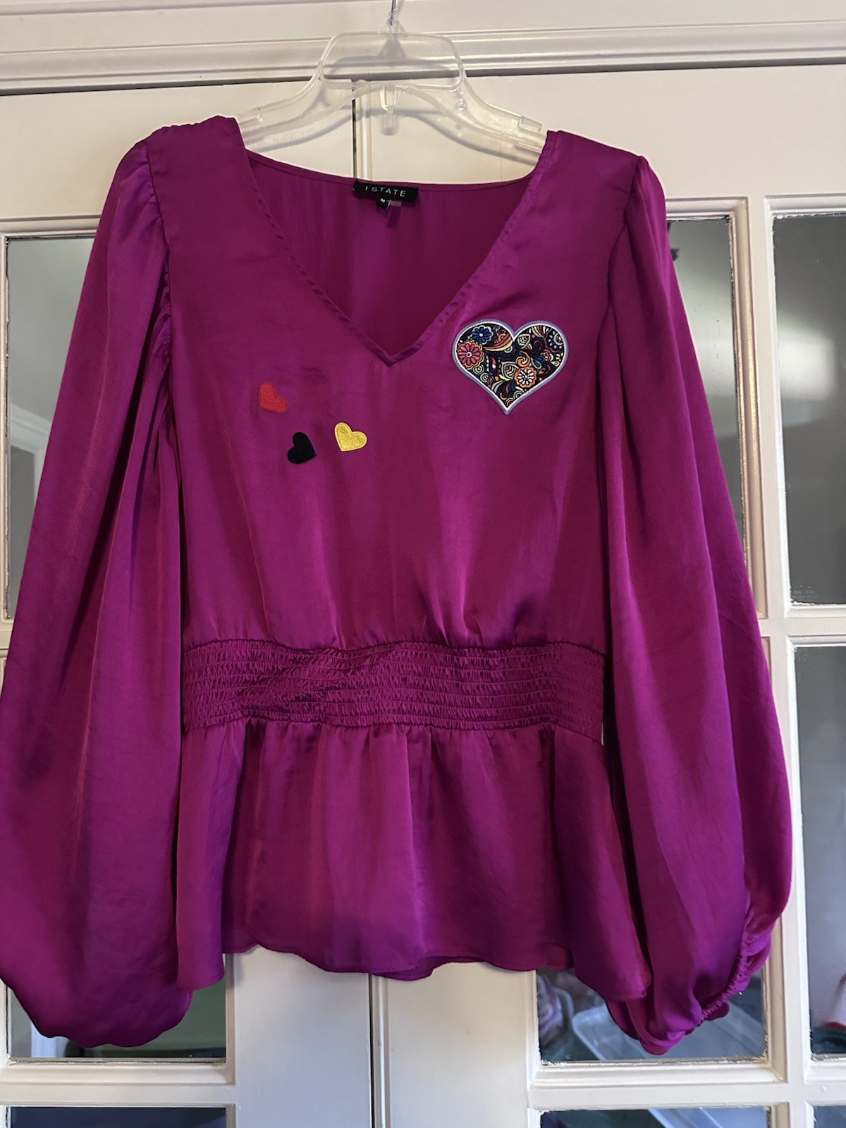 1. State hot pink satin smocked top fuchsia blouse size medium