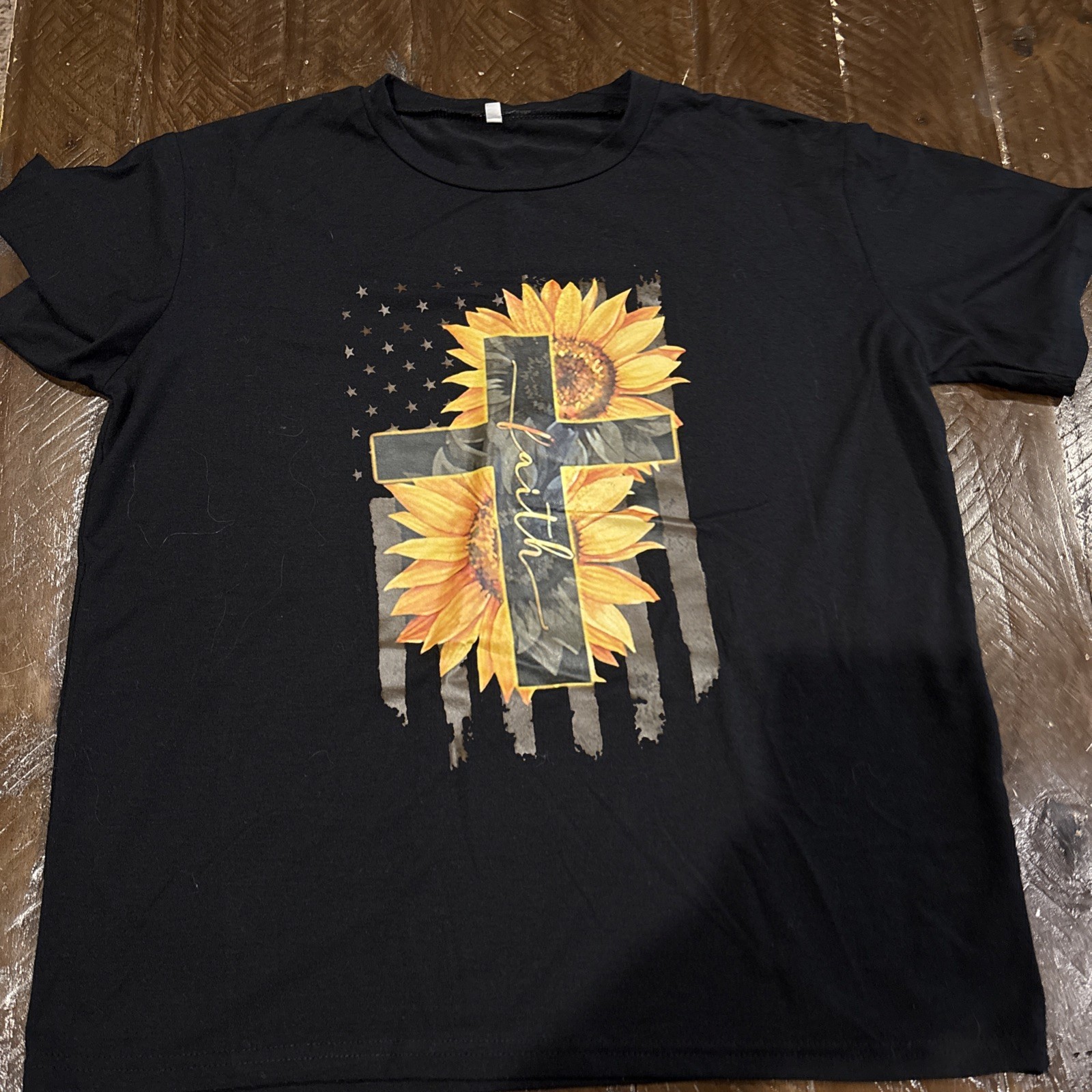 Women’s Black Tee With FAITH, Sunflowers And The Flag