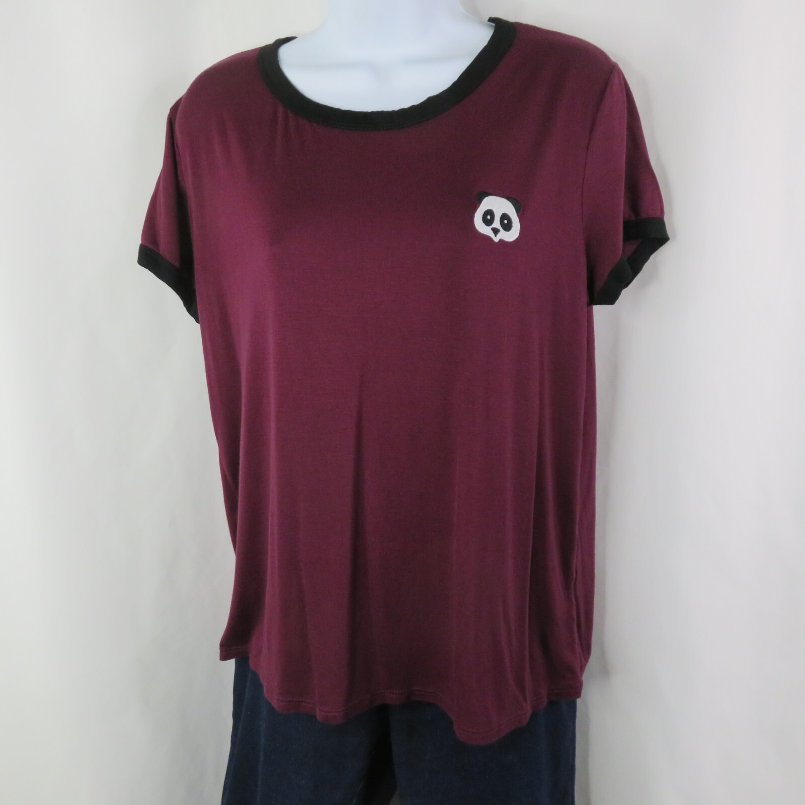 French Pastry Panda T-Shirt Size XL Embroidered Burgundy Ringer Tee Shirt SS