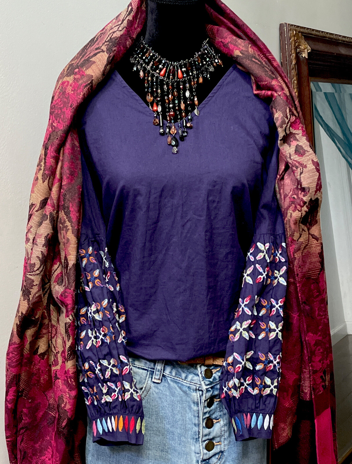 Boho Ethnic style🪬Embroidery Sleeves🦄Indian Cotton🍇Top Blouse Shirt⭐️size S-M