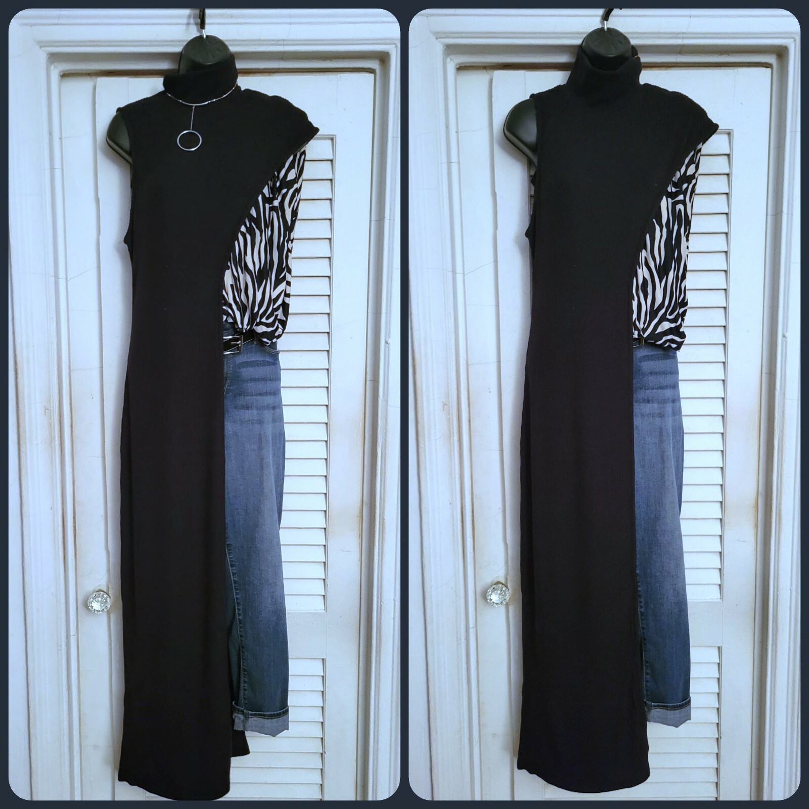 Elegant Ribbed Black Mock Neck Split Thigh Longline Asymmetrical Pullover Top L
