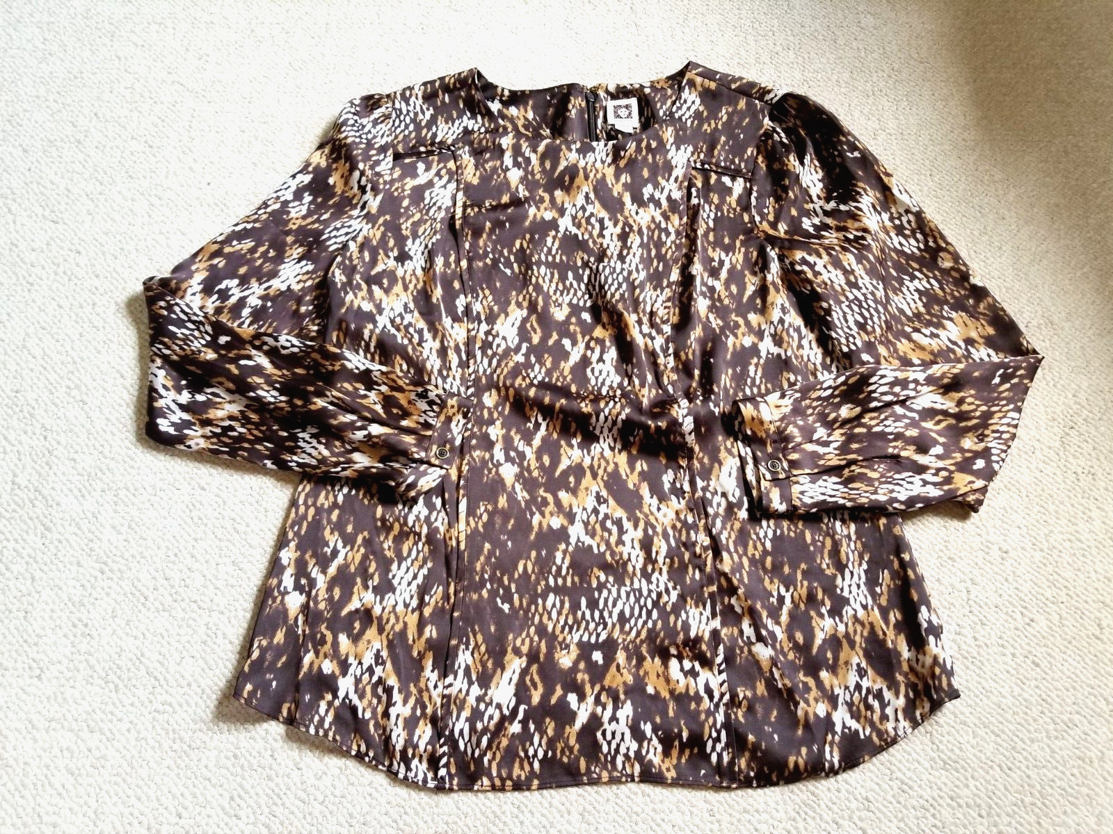Womens Top-ANNE KLEIN-brown/white patterned silky back zip Old Money ls-L