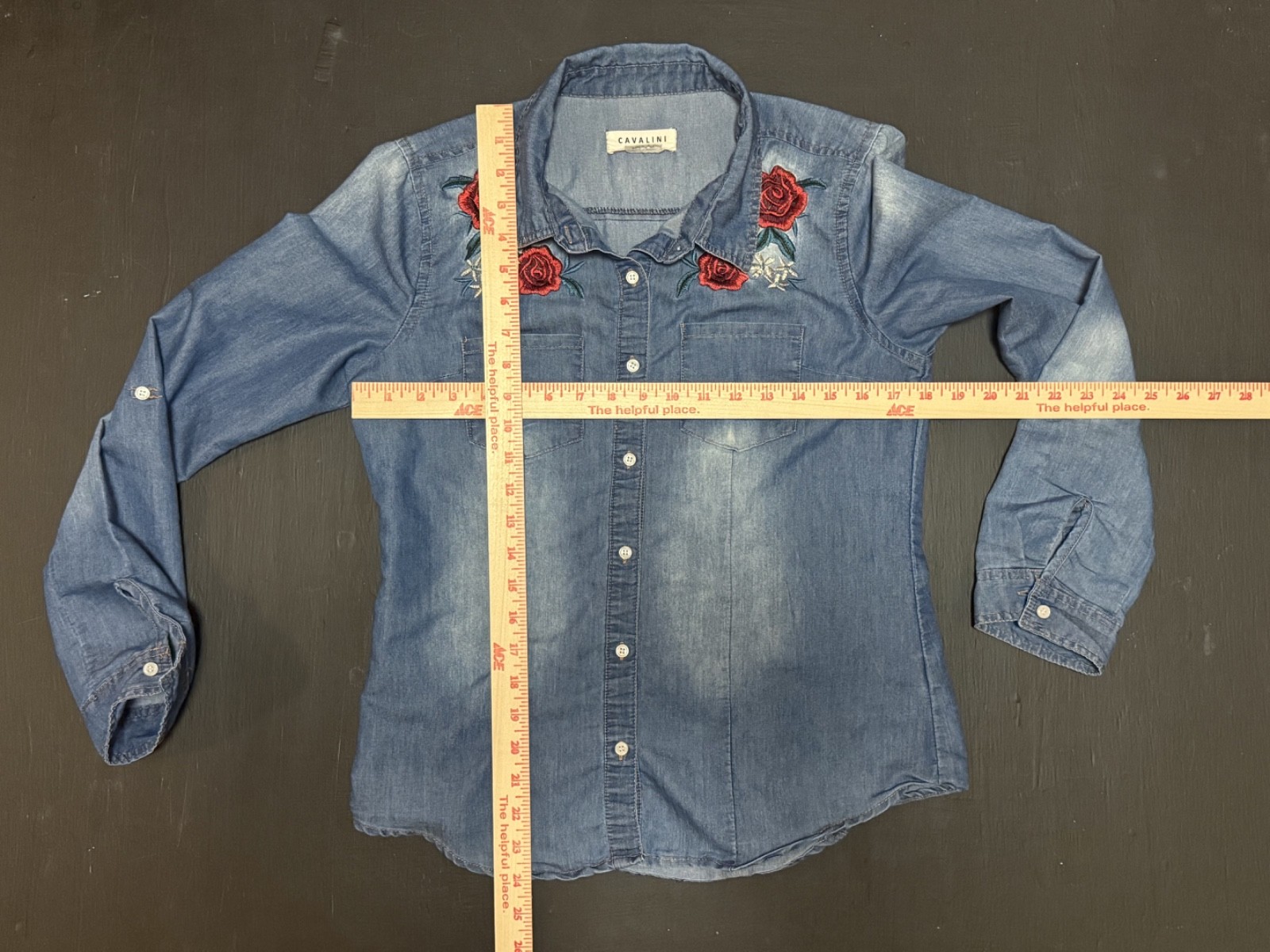 Cavalini Women’s Denim Button Up Rose Embroidery Petite M Dark Wash