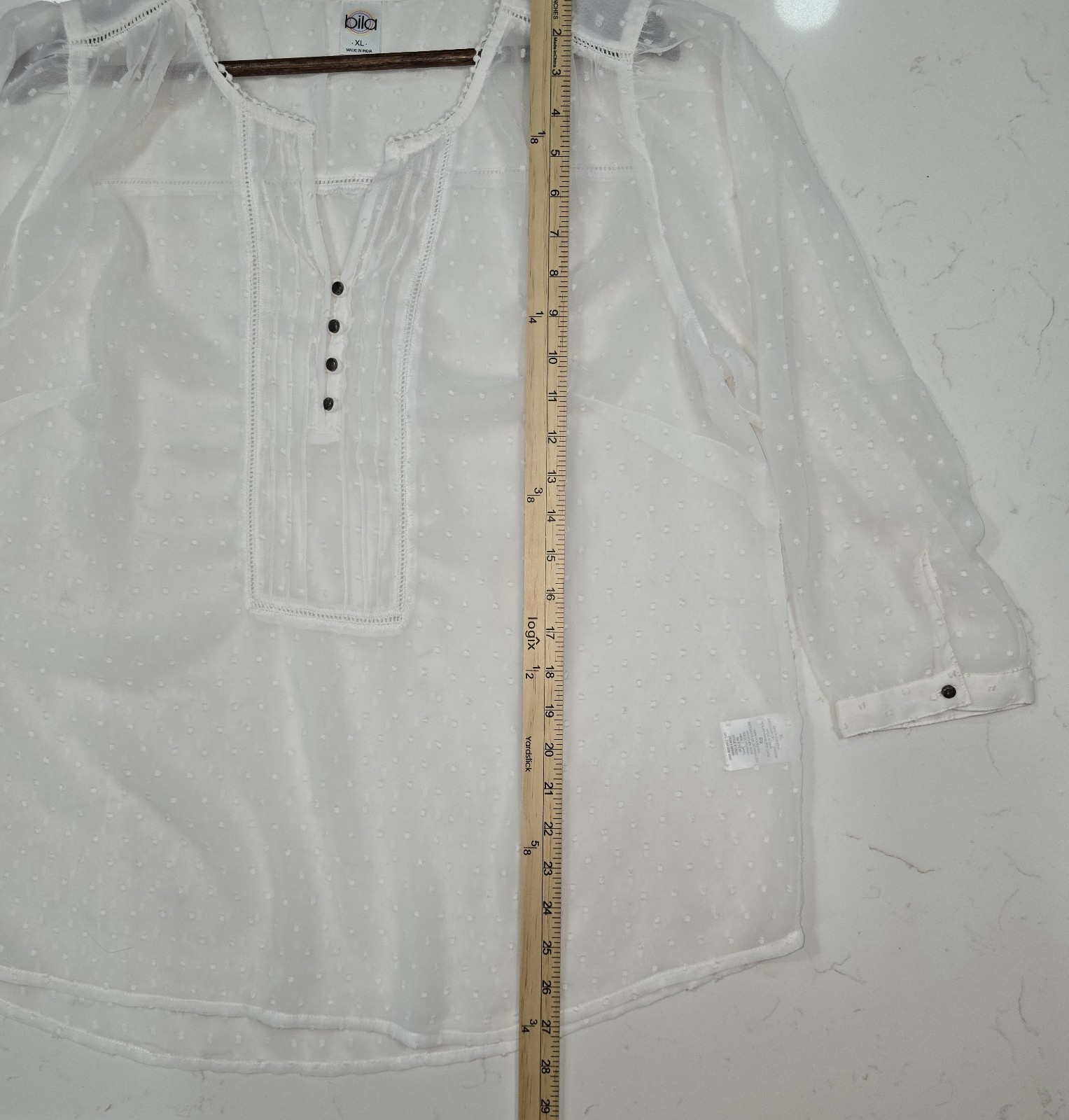 Bila Women’s BoHo Sheer White Blouse Long Sleeve Size XL