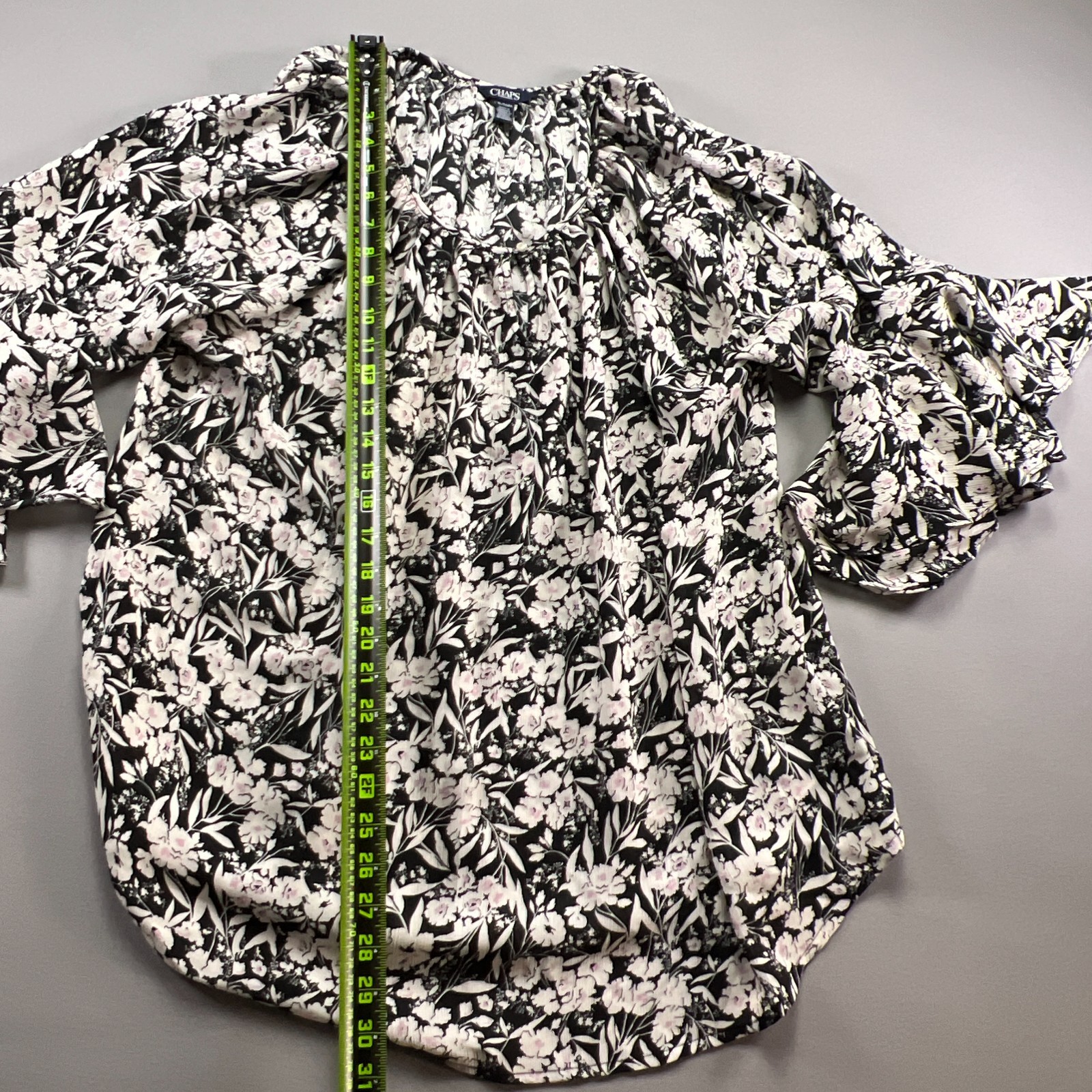 Chaps Peasant Blouse Top Womens XL Black White Floral Flowy Ruffle Bell Sleeves