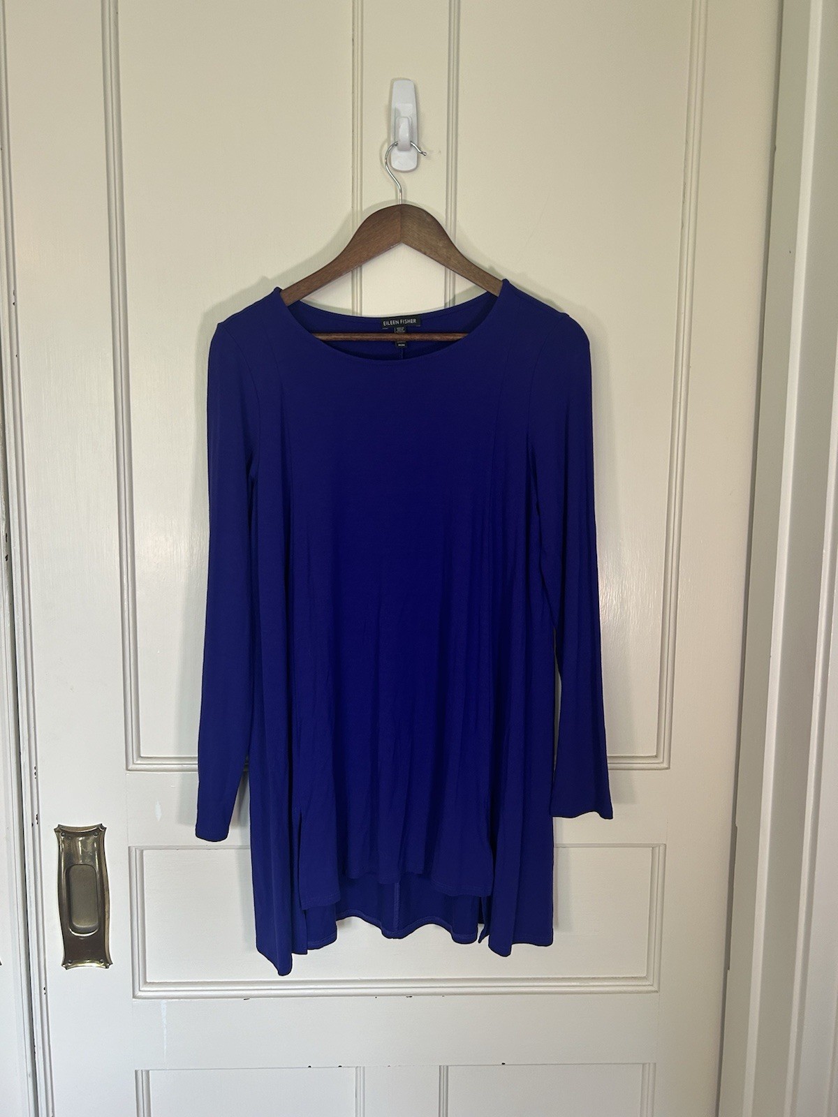 Eileen Fisher Jersey Stretch Tunic Blouse Womens Size Medium Blue Classic USA