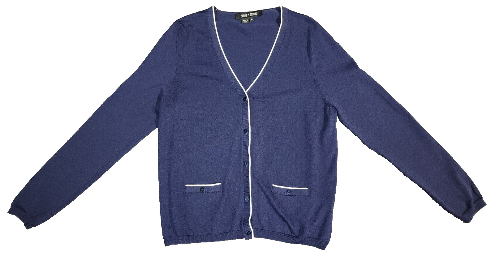 Evelyn & Arthur Woman Navy Blue Ribbed-Knitted Pockets Cardigan Size M