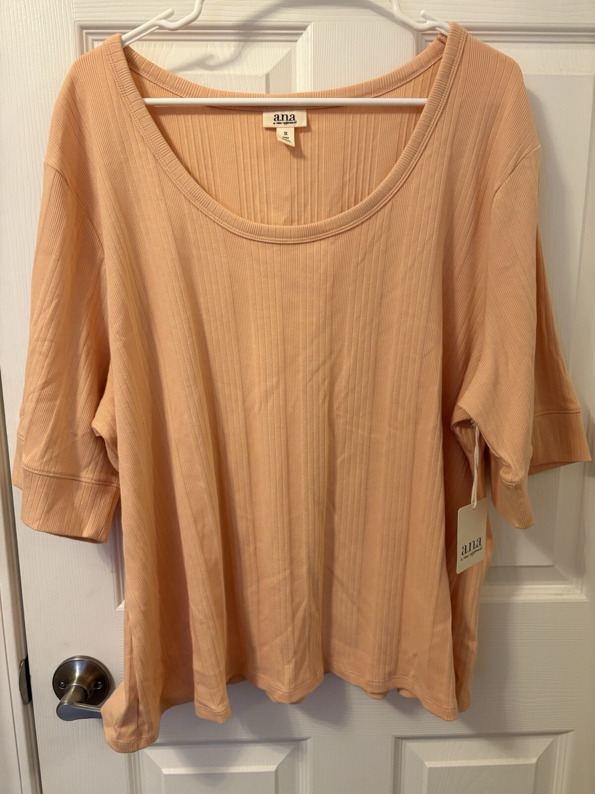 A.N.A. A New Approach Woman Ribbed Mid Length Sleeve Blouse Peach Nougat Sz 3X