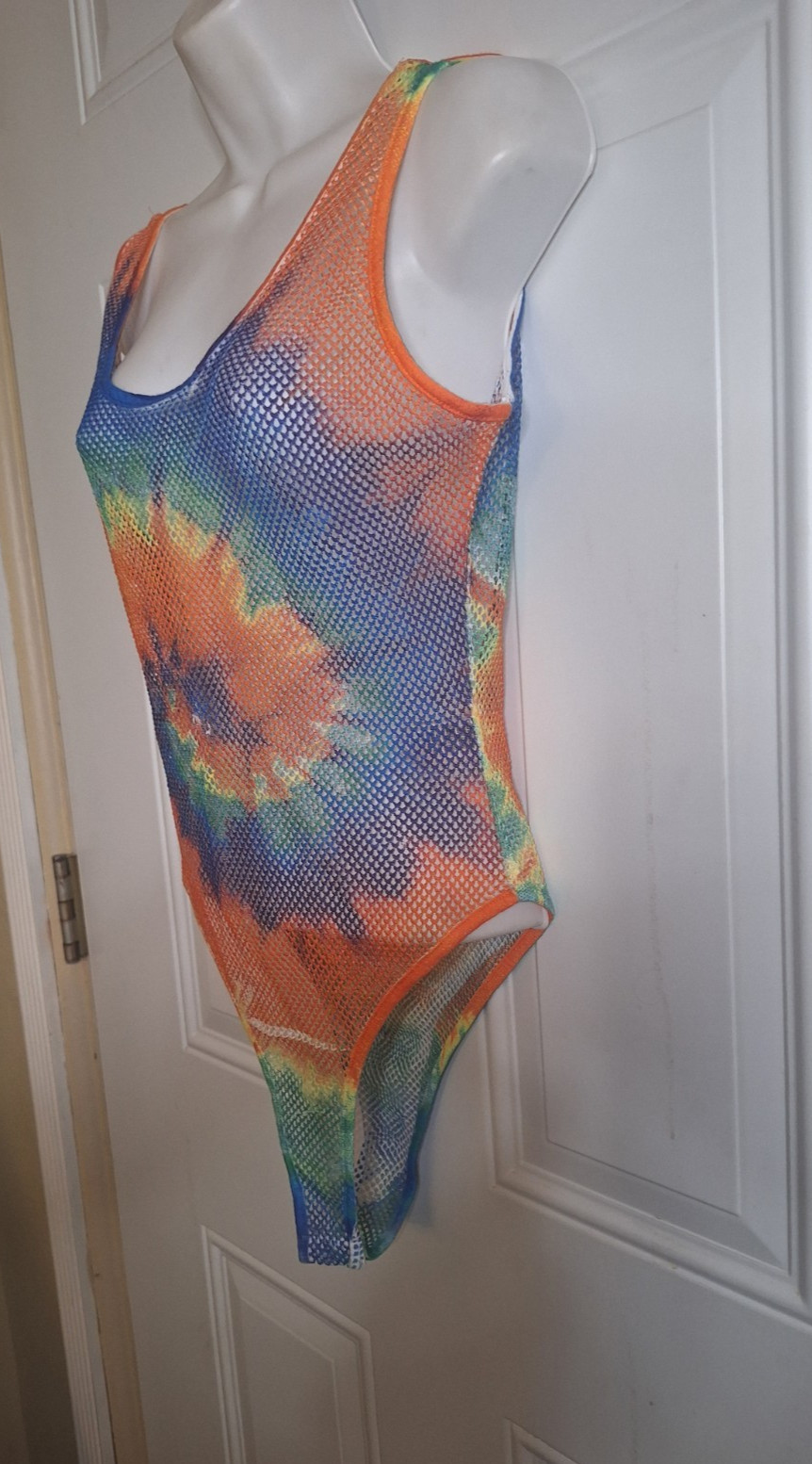 Madrag Tie Dye Fishnet Bodysuit Vibrant Colors French Cut Size MED NWT
