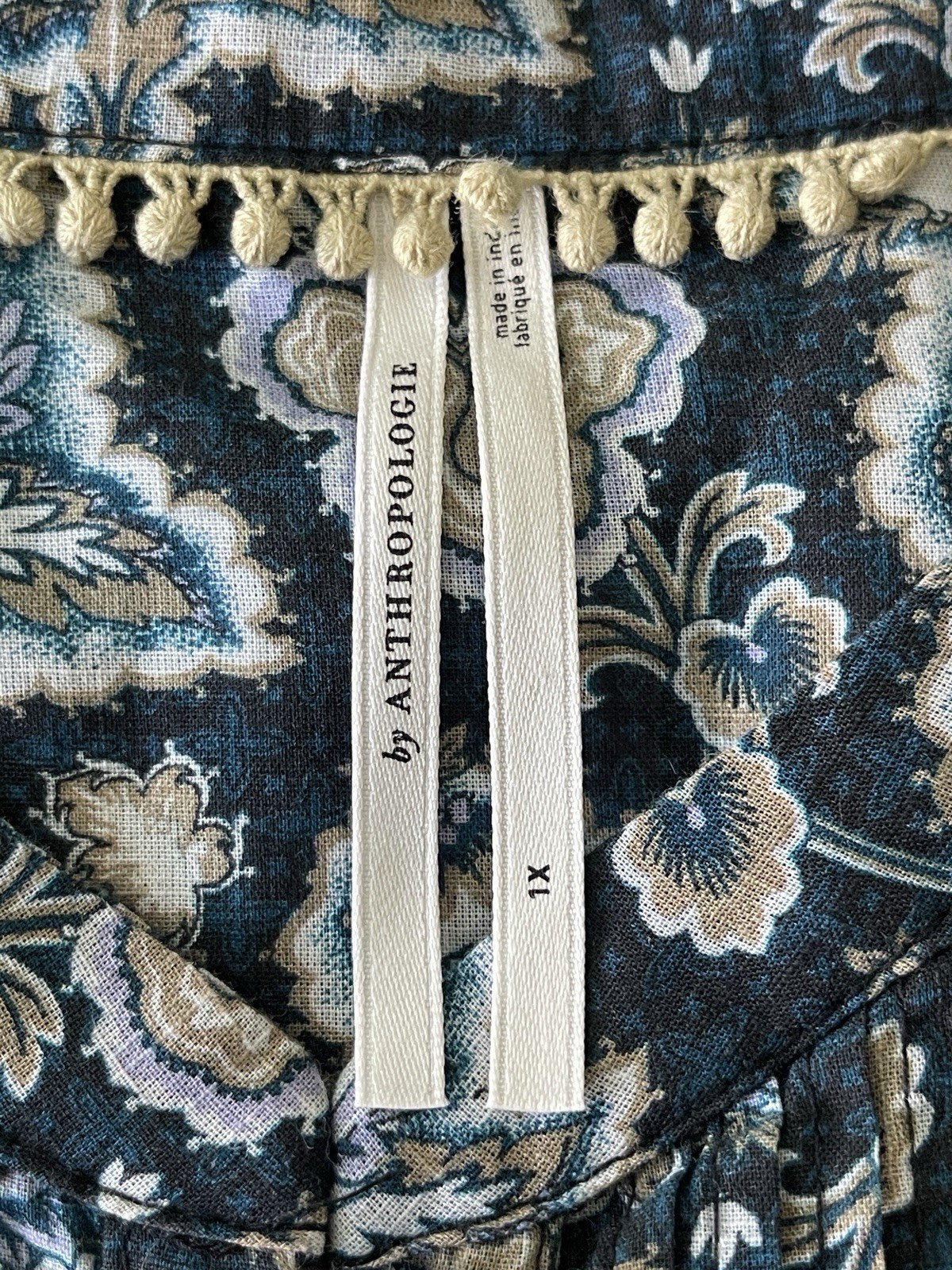 ANTHROPOLOGIE Cotton Henley Blue Motif Floral Paisley Peasant Boho Blouse 1X