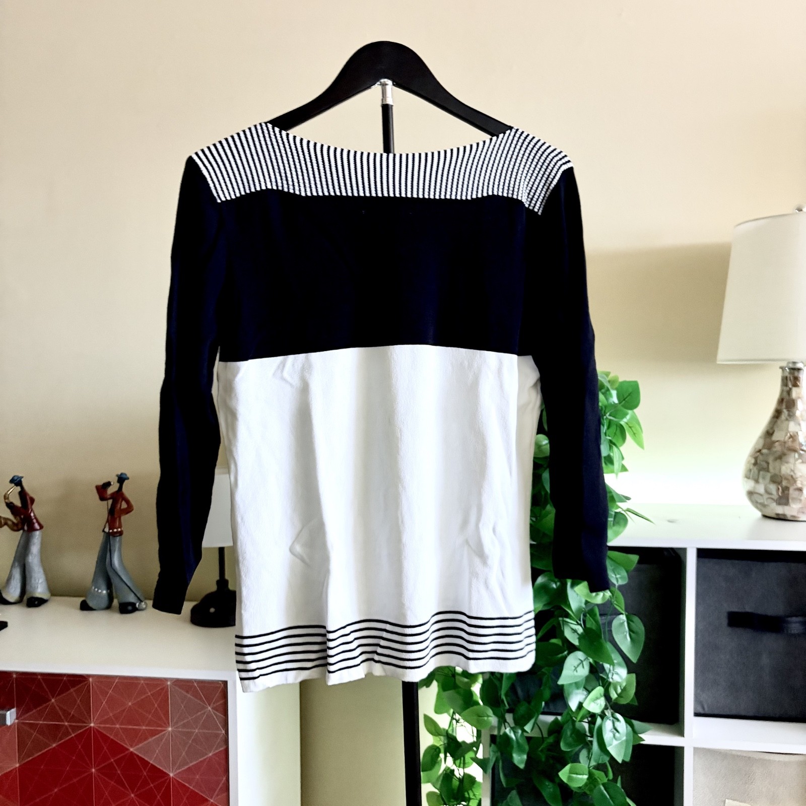 Notations Women Size L Black White Stripe Colorblock Knit Top 3/4 Sleeve Blouse