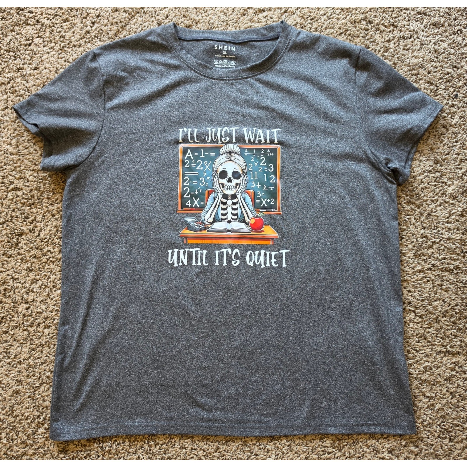 SHEIN XL Dark Heather Grey Skeleton Teacher Graphic T-Shirt I’ll Just Wait Quiet