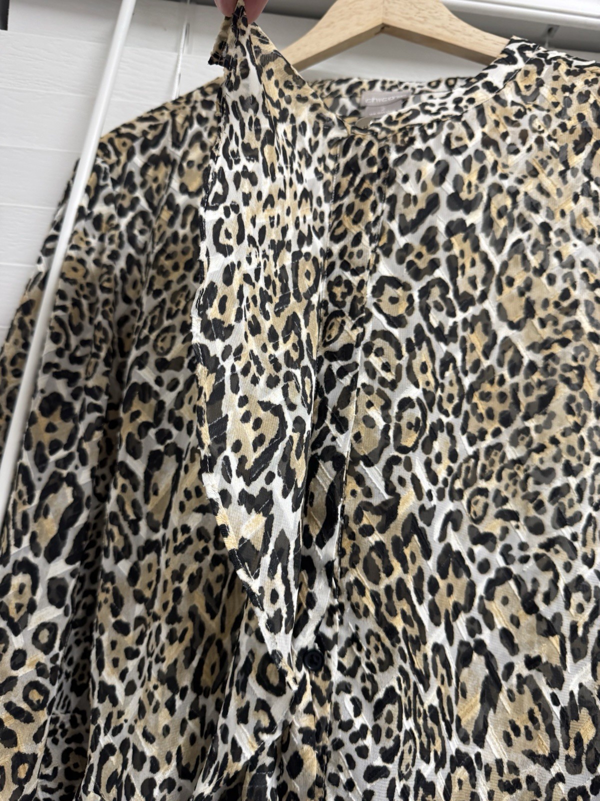 Chico’s leopard print ruffle shirt button down sheer blouse size 2 Large