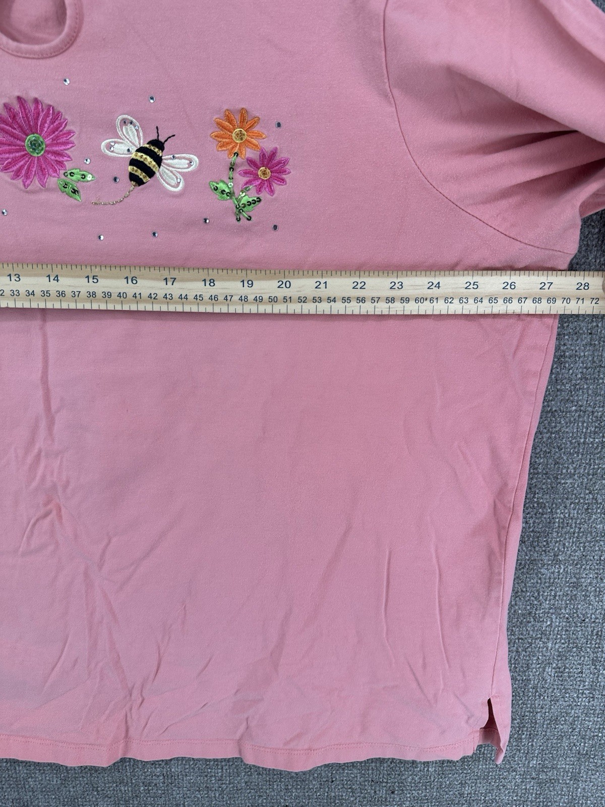Quacker Factory Pink Embroidered Bee & Flower Rhinestone Round Neck Top 3X