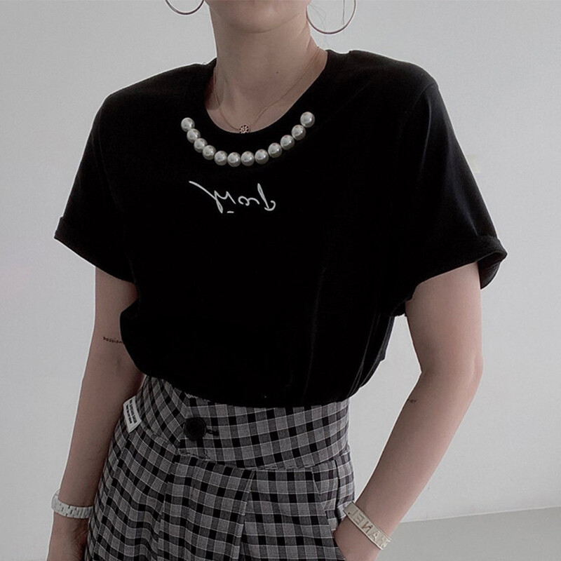 Women’s Top Round Neck Pearl Embroidered Monogram Print Short Sleeve T-shirt Top