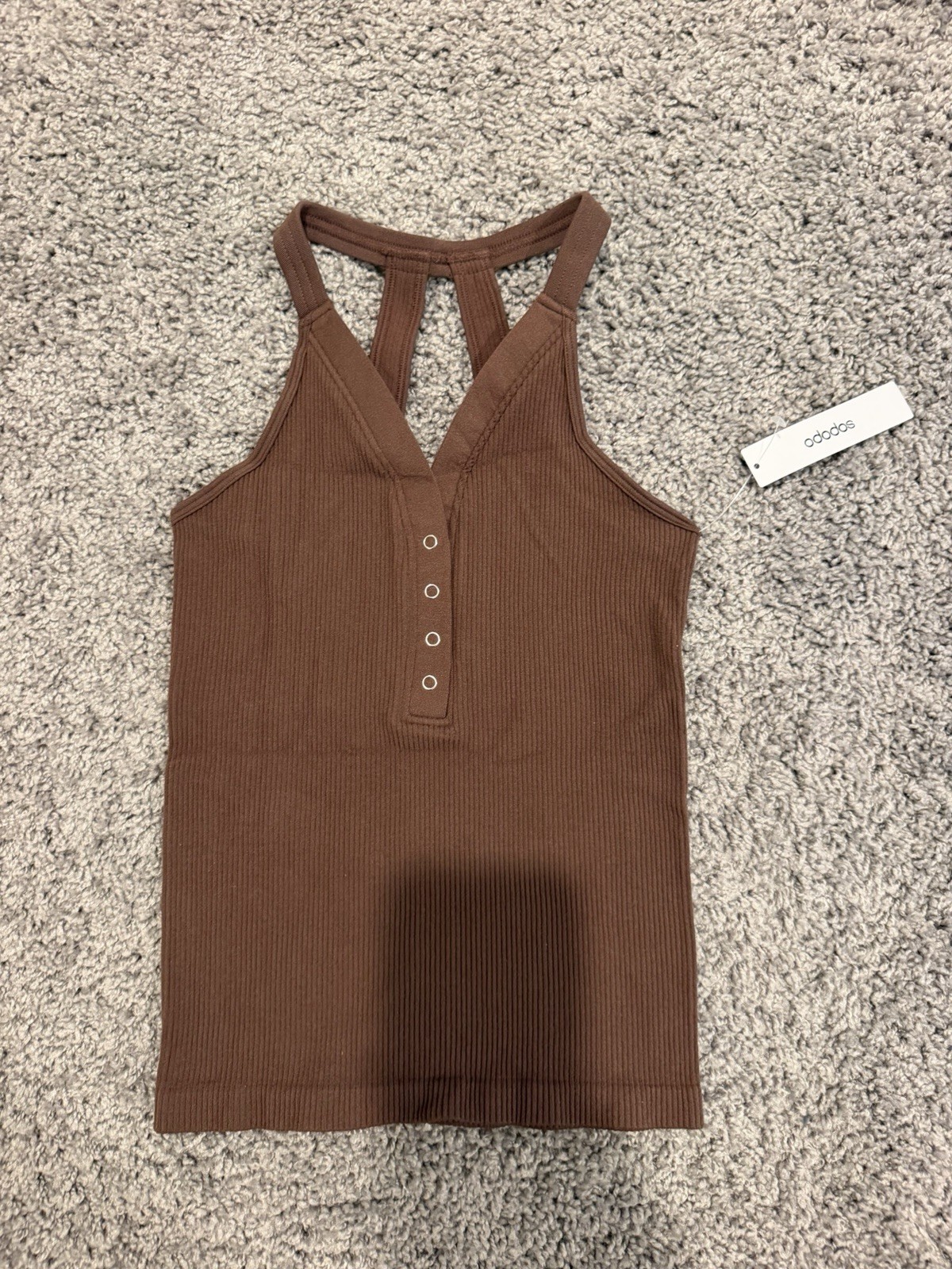 Brown Solid Ribbed V-Neck Button Henley Racerback Tank Top Regular XS