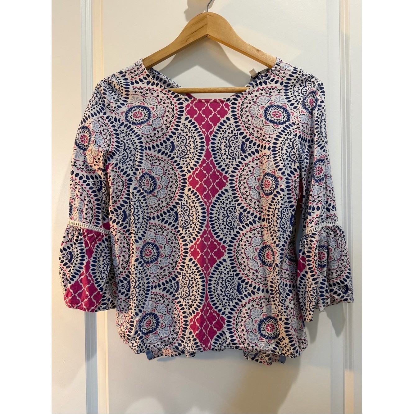 Crown & Ivy Petite Medallion Print Bell Sleeve Blouse Pink Blue PM