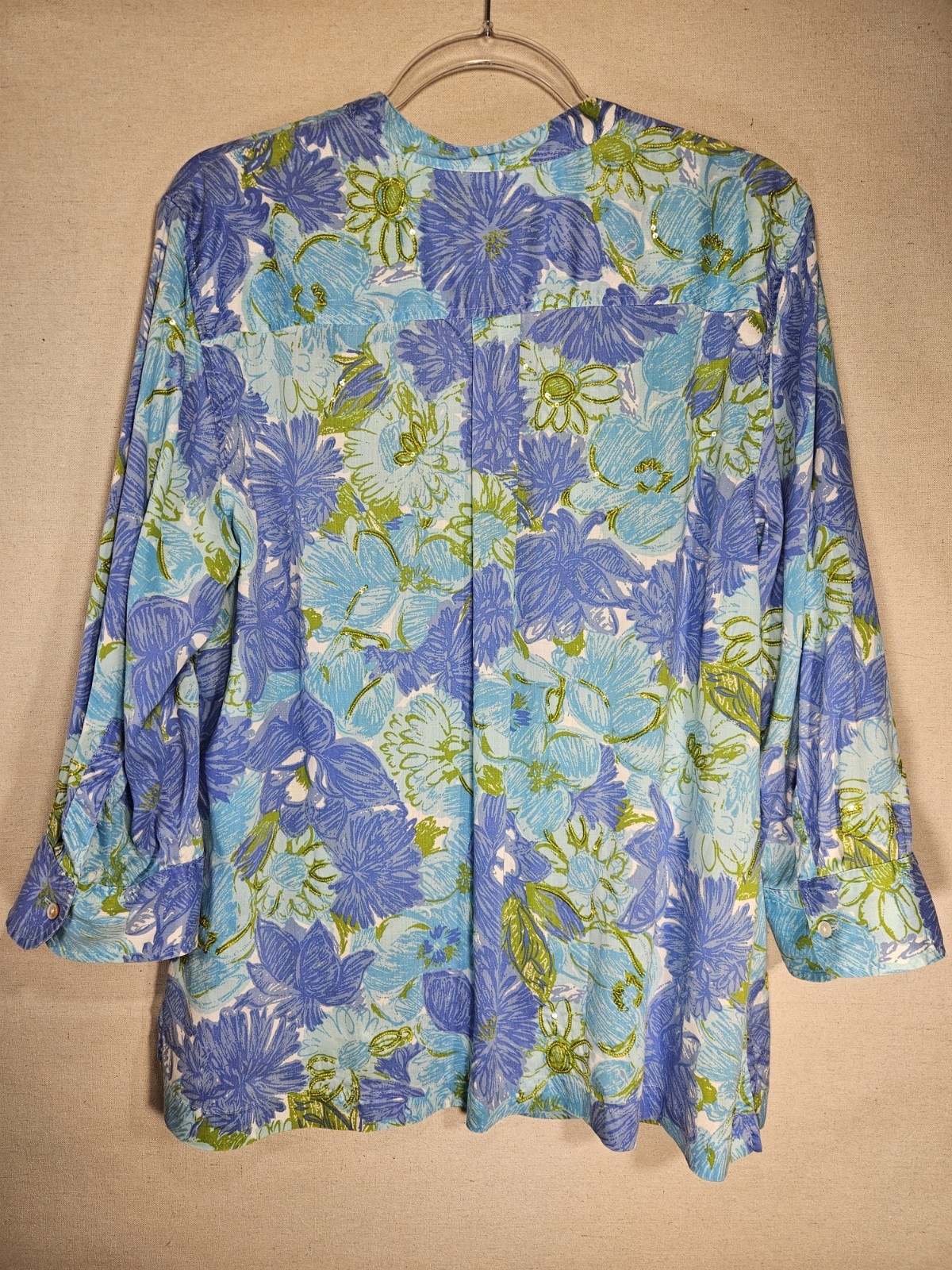 Talbots Blue, White & Green 3/4 Sleeve Blouse Size Large Beaded Embellishments