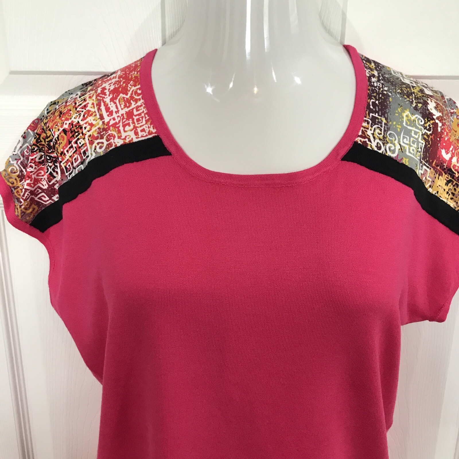 Cable & Gauge Womens Knit Sweater Top Hot Pink Fine Knit Short Sleeve XL
