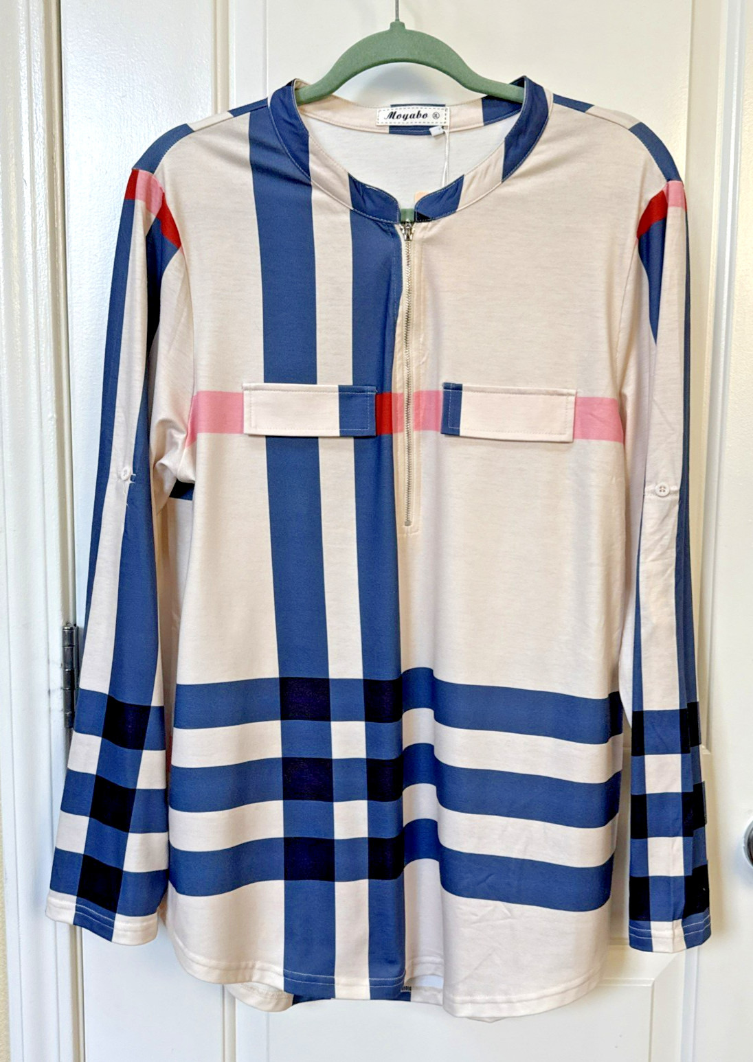 Moyabo Blouse Women’s X-Large 3/4 Zip Tunic Roll Tab Long Sleeves Casual Beach