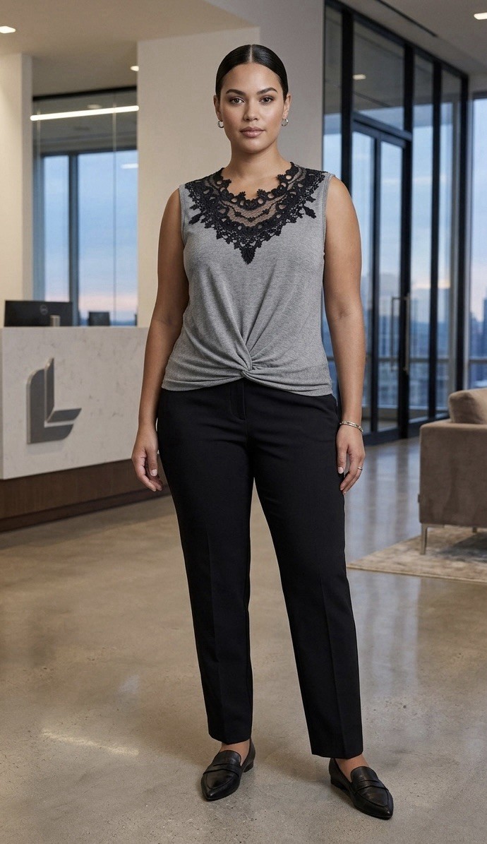 Womens Heather Gray Twist-Front Sleeveless Top with Black Lace Yoke