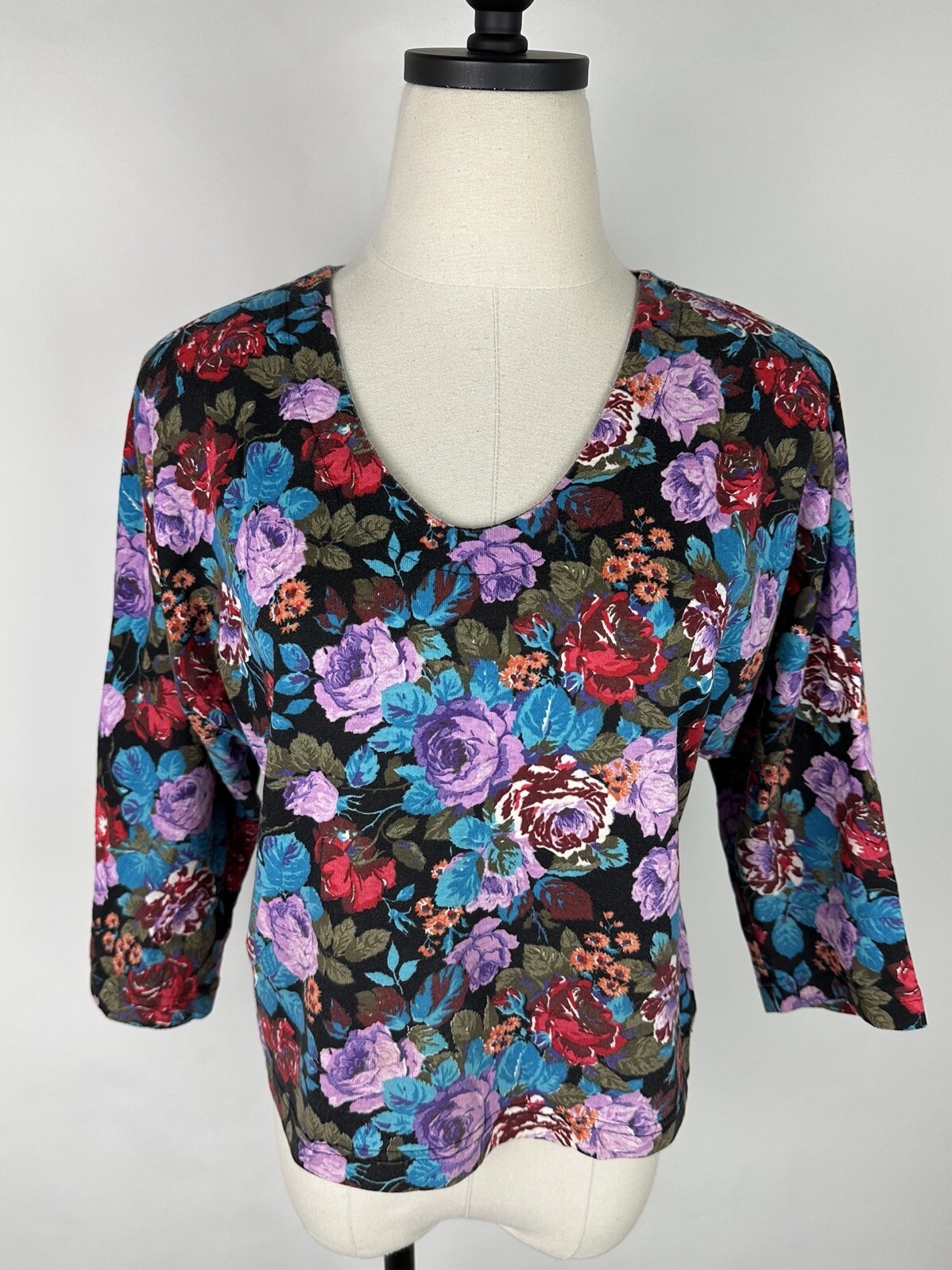 Vintage Floral Tee Womens Small Colorful Jewel Tone Cropped T-shirt 80s 90s