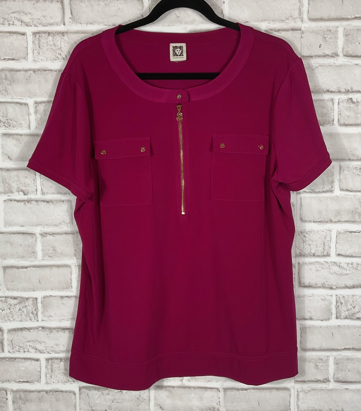 Anne Klein Top Womens Sz XL Fuchsia 1/2 Zip Pockets Pullover Short Sleeves