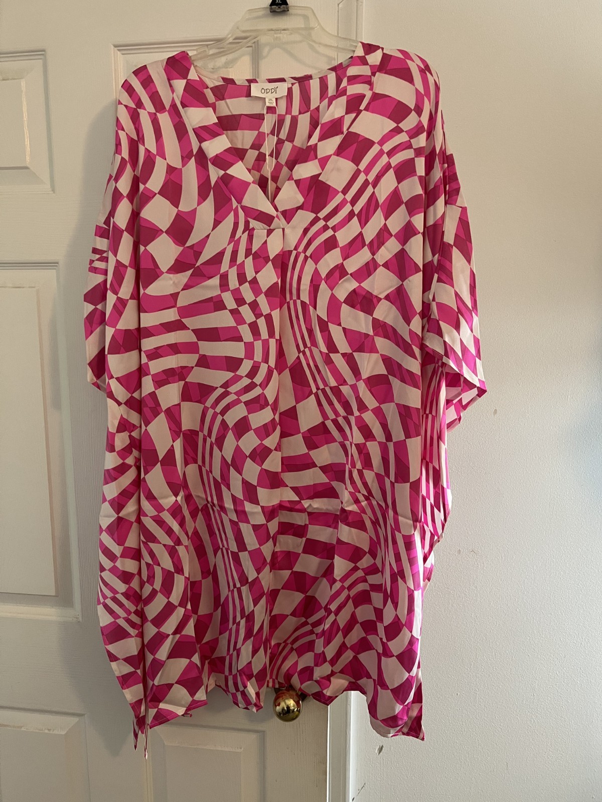 Oddy Summer Beach Kaftan Vibrant Pink Geometric Swimsuit Cover Top Size 2X NWT