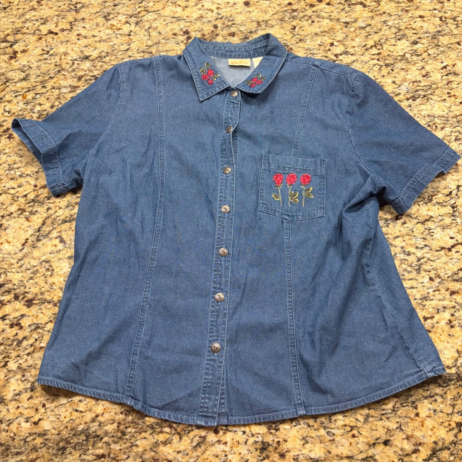 Bobbie Brooks Denim Shirt Women XL Blue Rose Embroidered Cotton Button Down