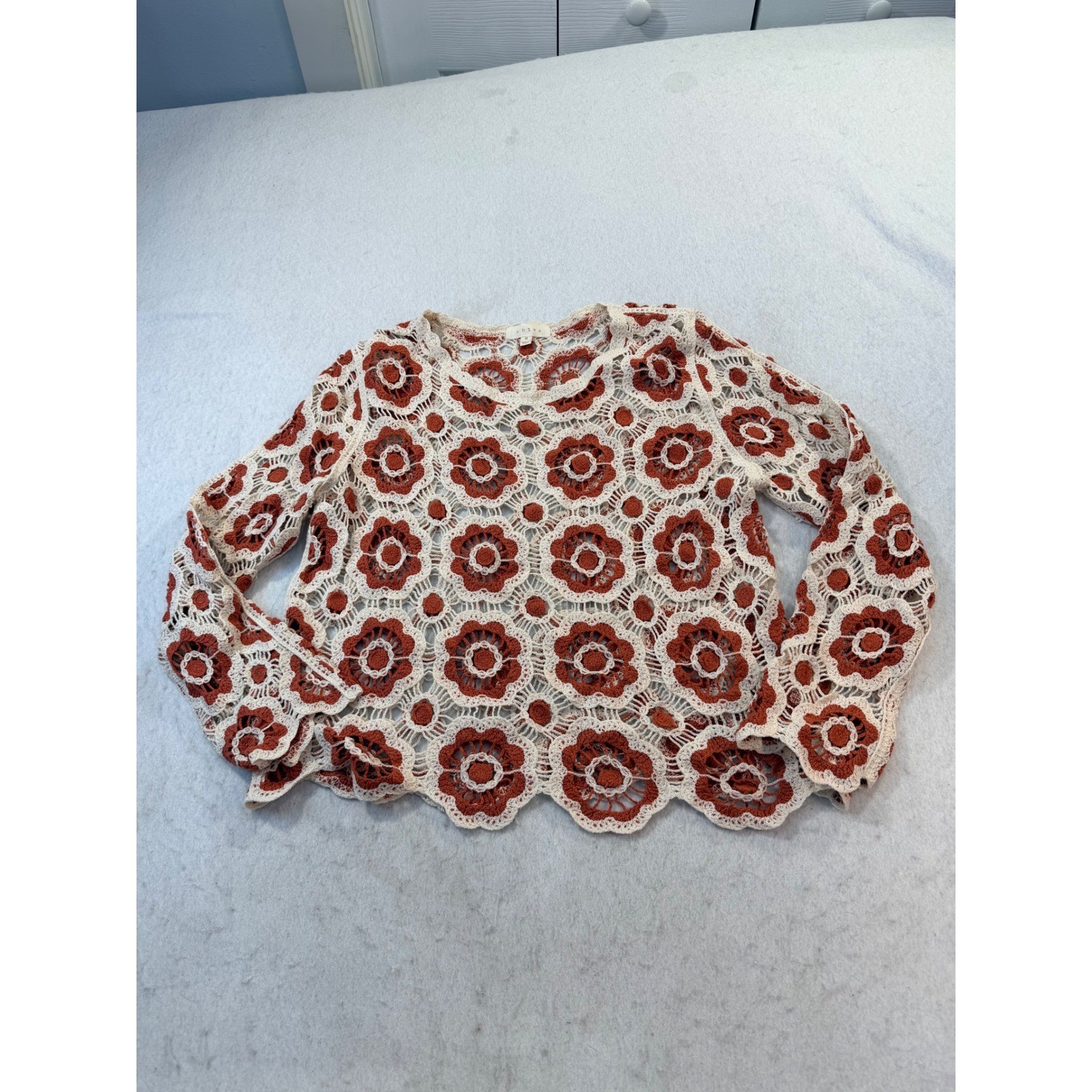Adiva Womens Crochet Floral Long Sleeve Top Rust Orange Cream Boho Scalloped M