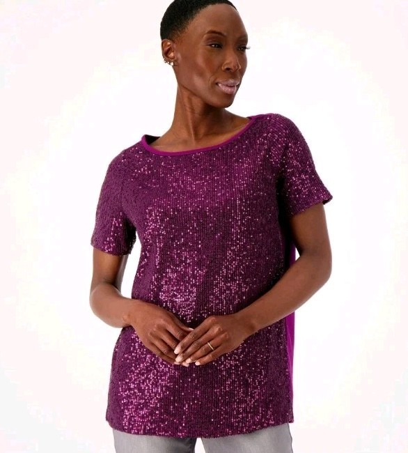 Belle by Kim Gravel 5X Plus Burgundy Sequin Knit Back Top Holiday Evening Party