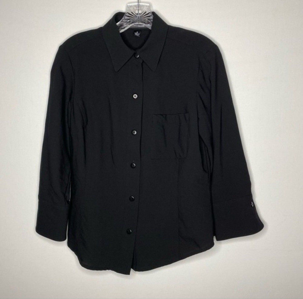 Linda Allard X Ellen Tracy Shirt Womens 4 Black 100% Wool Button Down 3/4 Sleeve