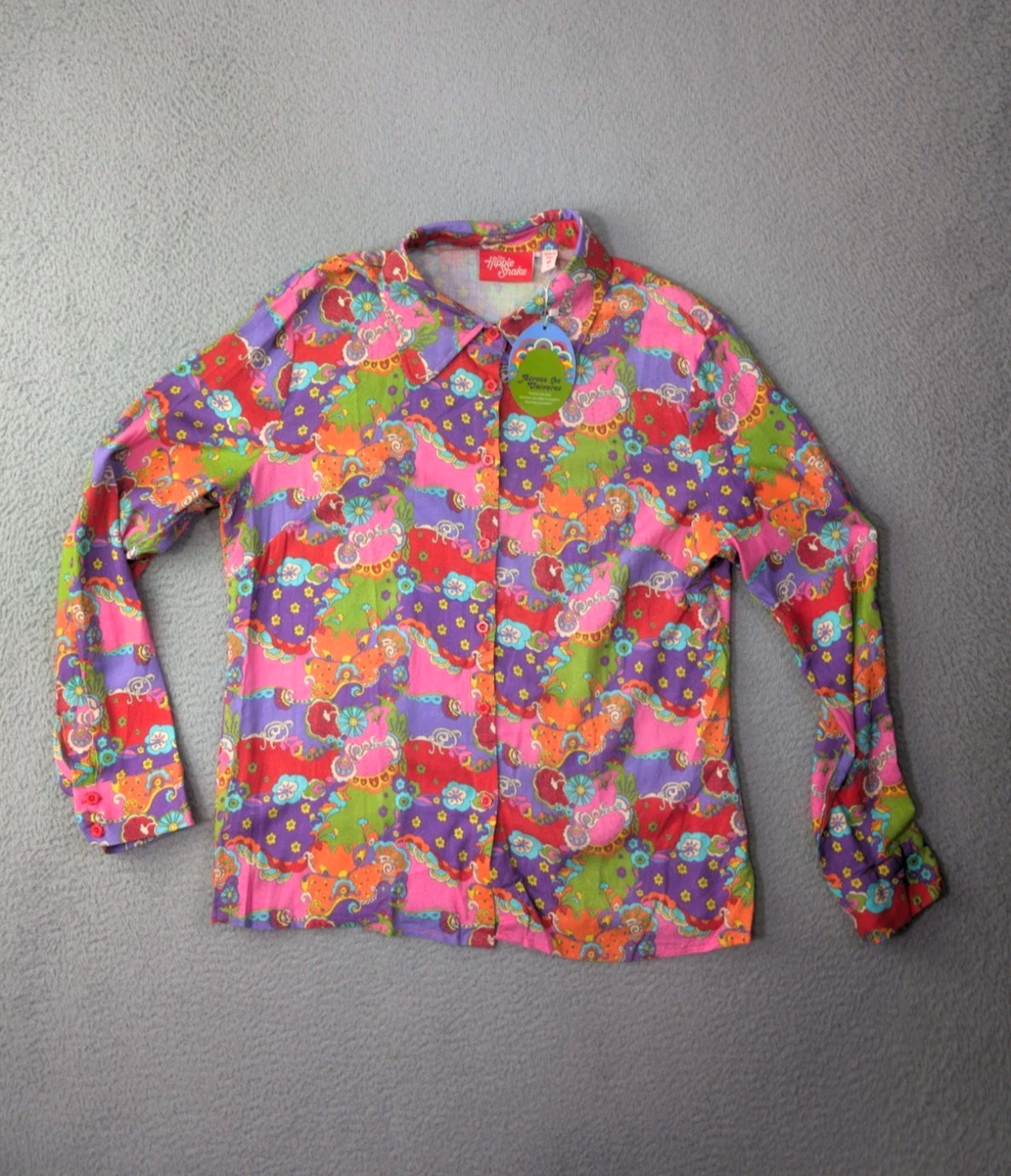 The Hippie Shake Shirt Womens UK 14 Psychedelic Floral 70s Boho Linen Viscose