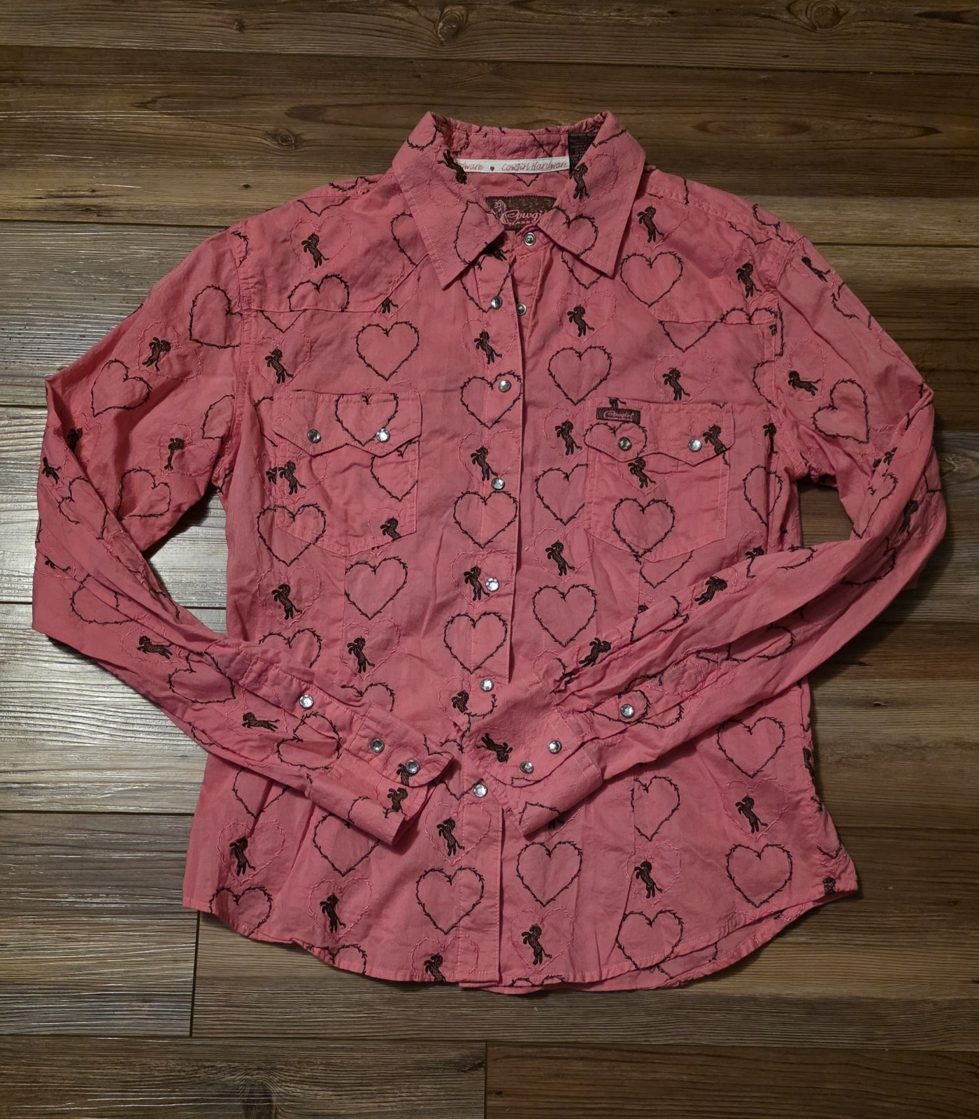 Cowgirl Hardware Pink Heart Cowboy Long Sleeve Western Snap -Youth L/ Women-S