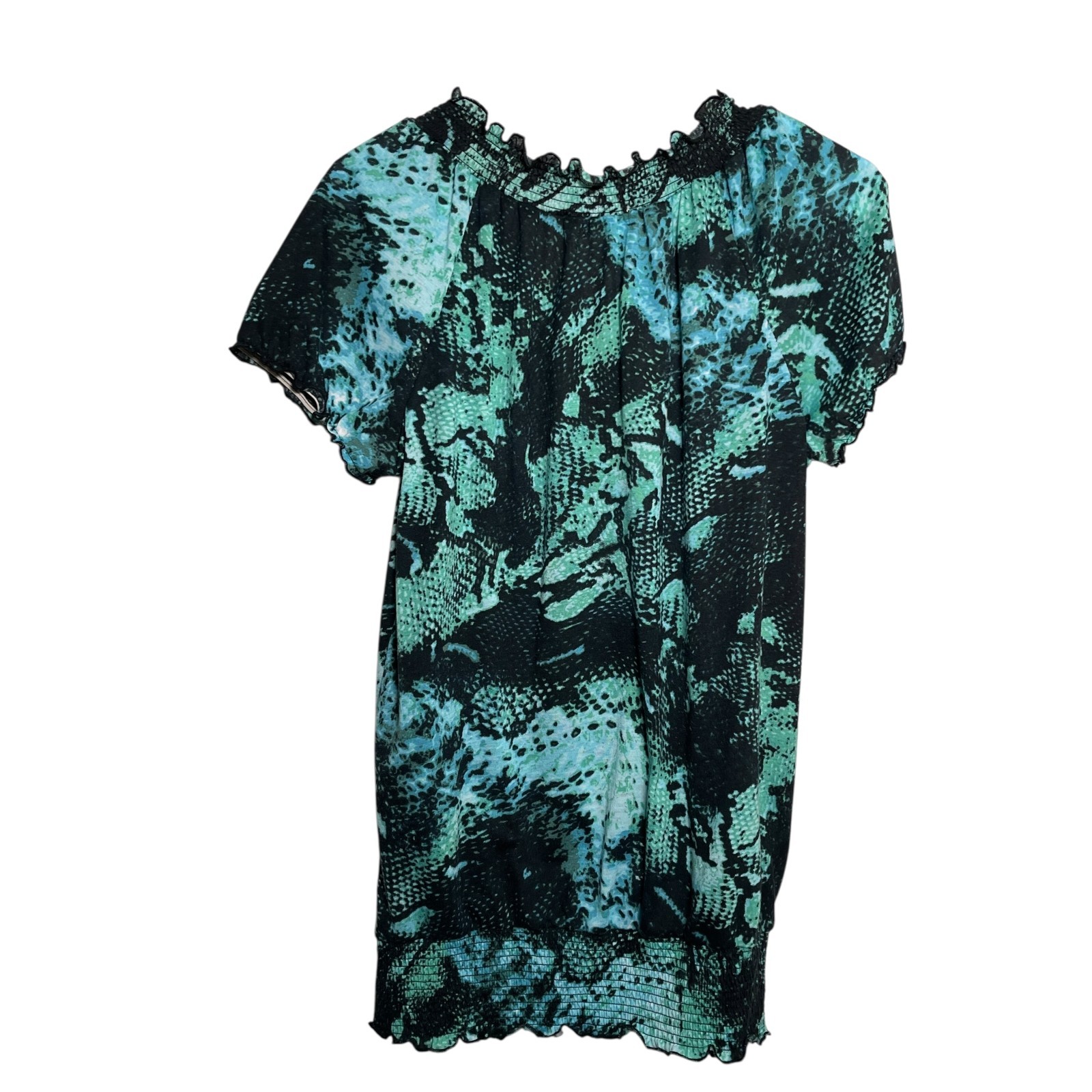 Isela Blouse Women’s Medium Colorful Smocked Short Sleeve Artsy Ruffle Printed