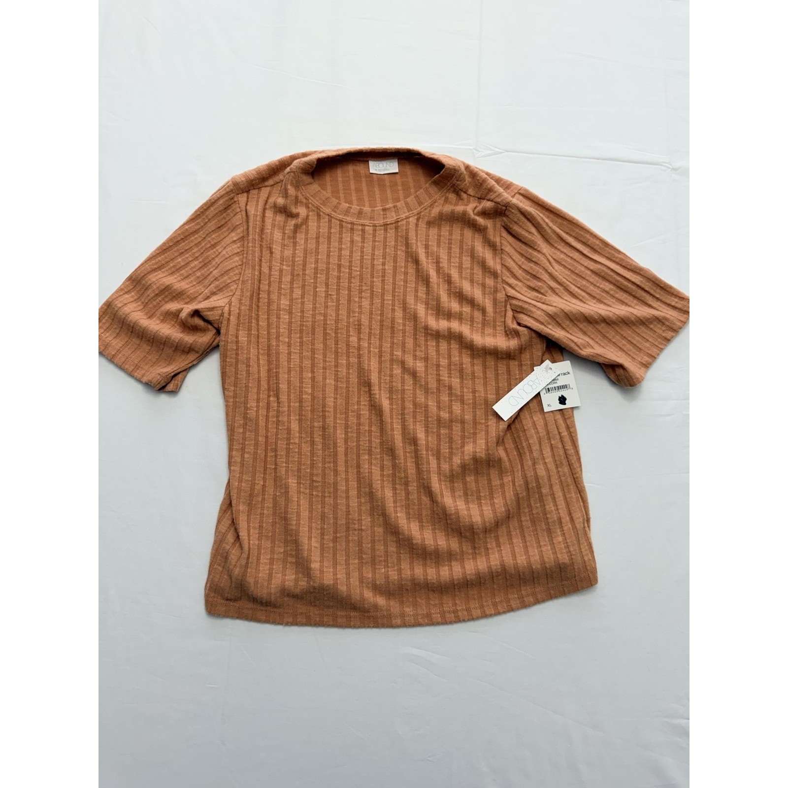 Abound Shirt Womens XL Brown Ribbed Crew Neck Short Sleeve Knit Stretch Top