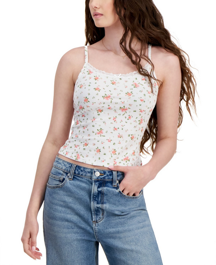 Just Polly Juniors Lace Trim Ribbed Tank Aurora Pink Sz XS