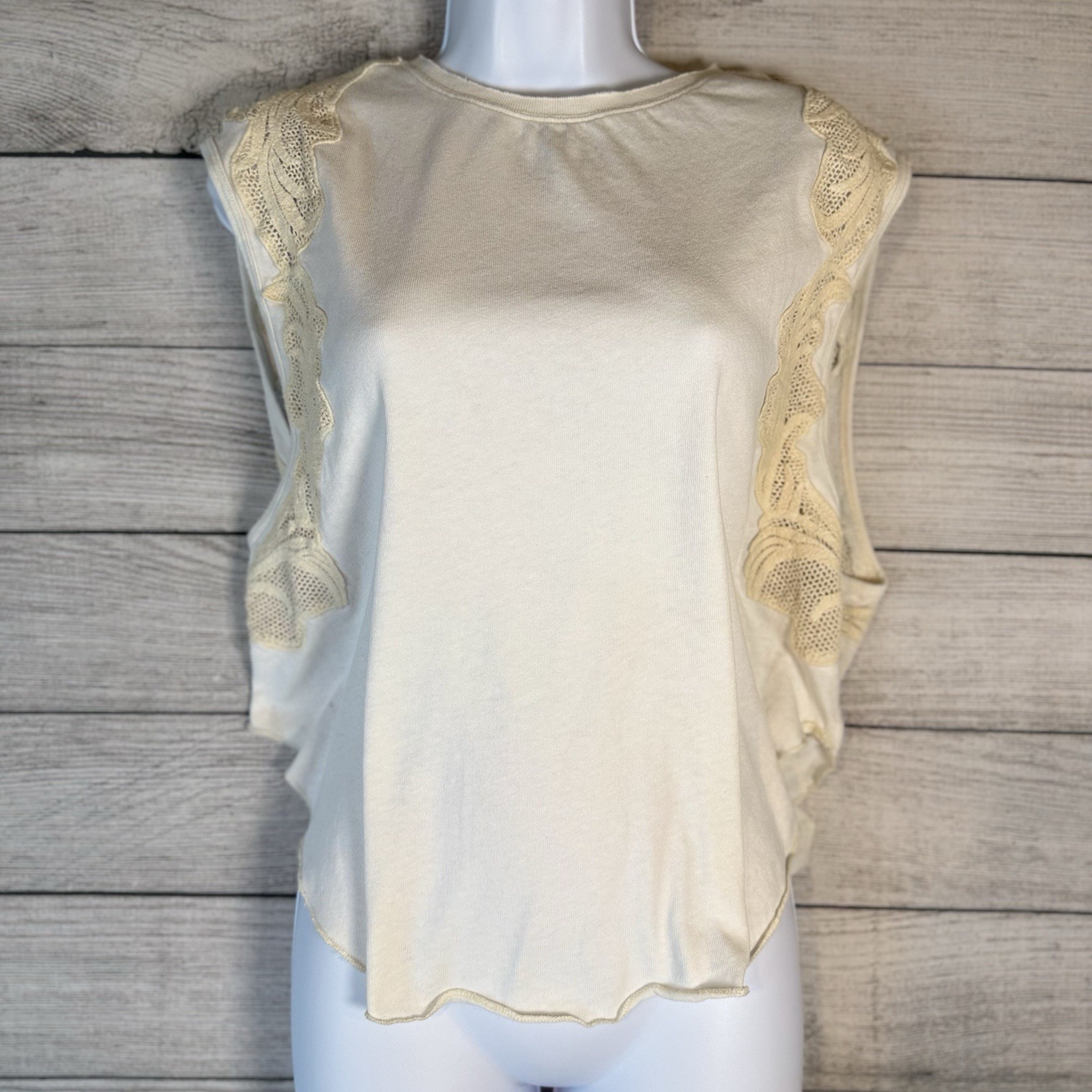 We The Free White Knit Lace Accent Crew Sleeveless Tank Top Women XS Oversized