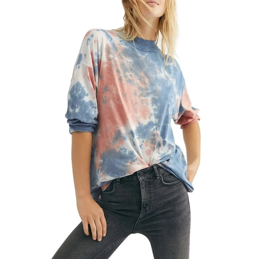Free People Mock Neck Tie Dye Top T Shirt Cotton Candy Size XS Spring NWT