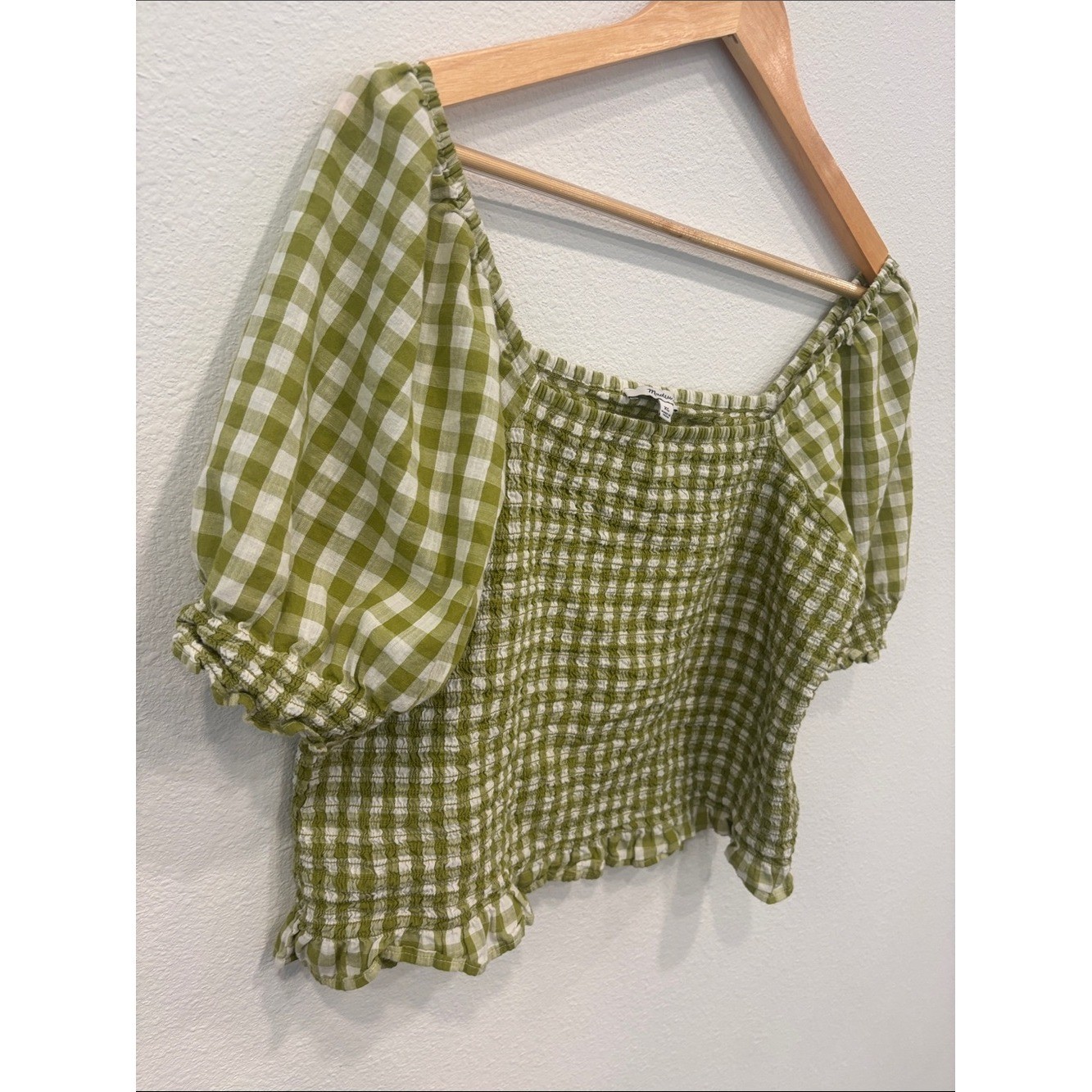 Madewell Green and White Gingham Smocked Off-Shoulder Top Women XL
