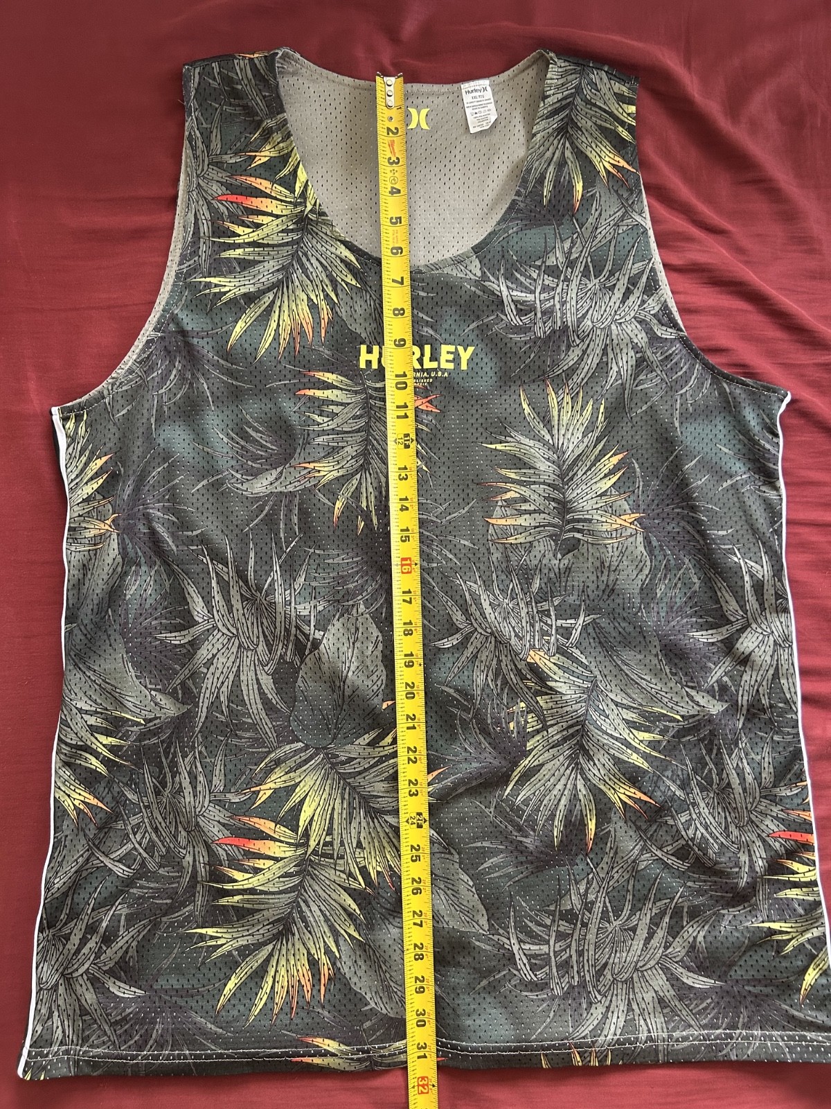 HURLEY TANK TOP / TROPICAL PRINT / REVERSIBLE MESH / 2XL / DARK GREEN-GRAY LEAF
