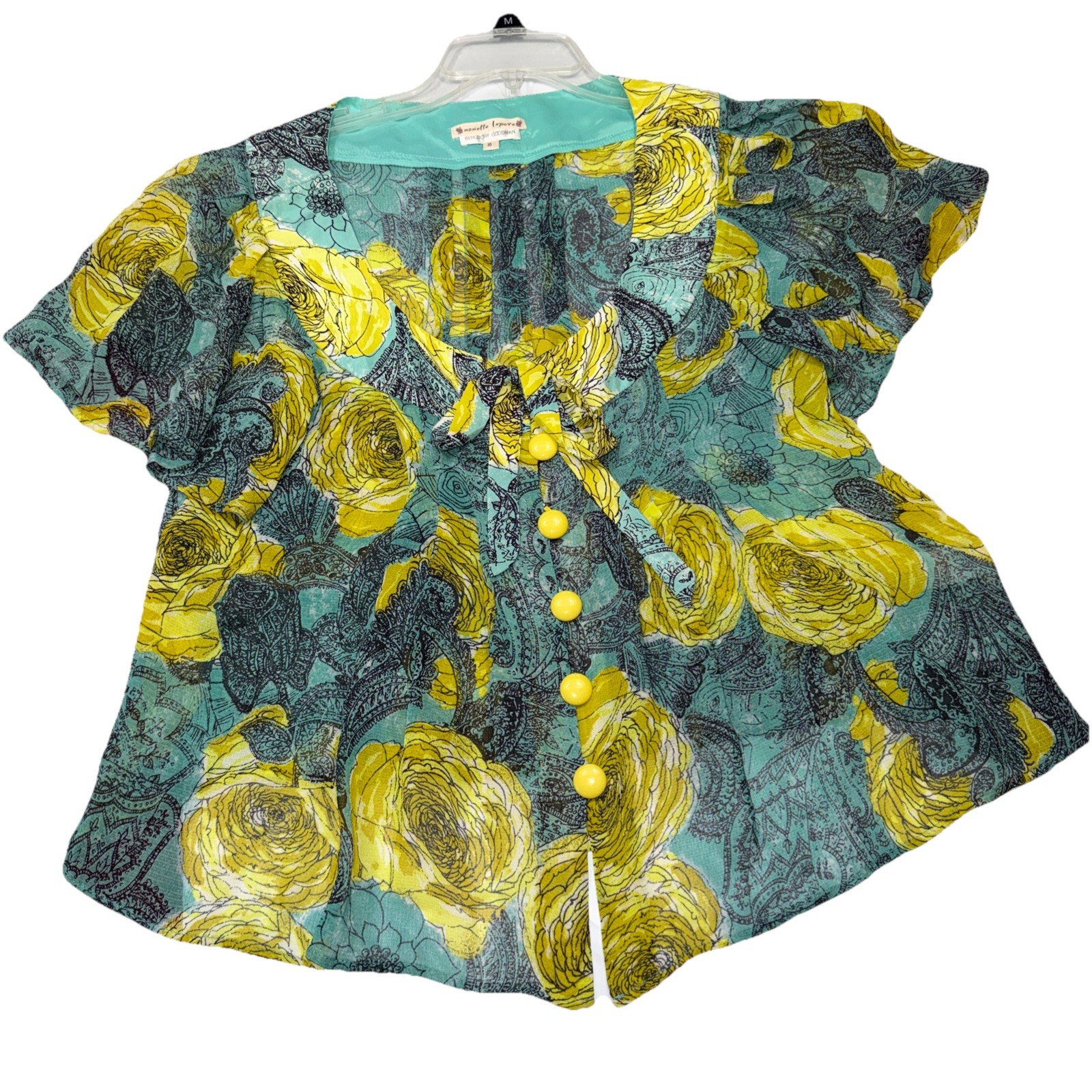 Nanette Lepore SILK Roses Blouse Flutter Sleeve Buttons Bow Lime Aqua SIZE 10 Lg
