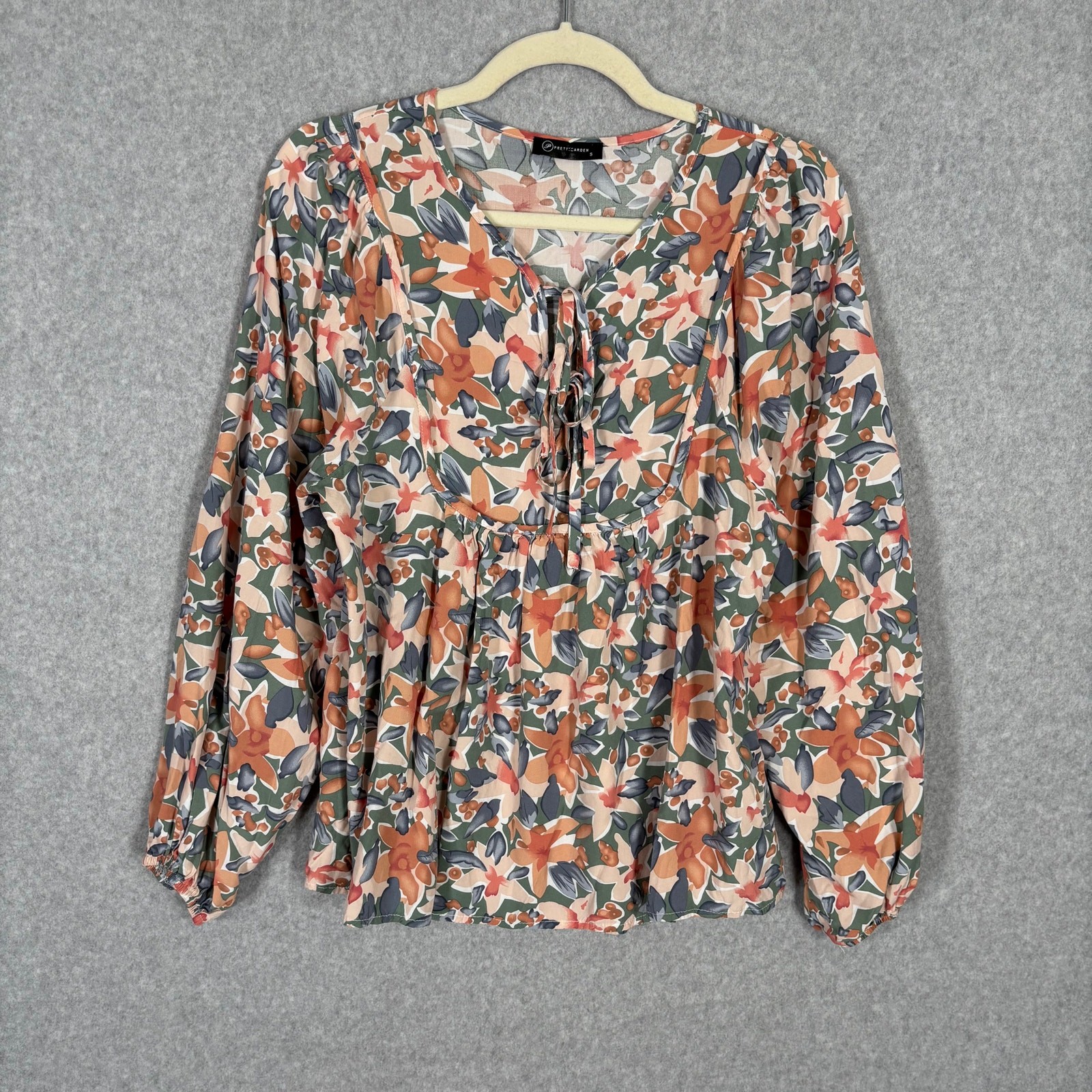 Blouse Small Peach Flowy Puff Tie Neck Cottage Peasant Farmhouse Career Church