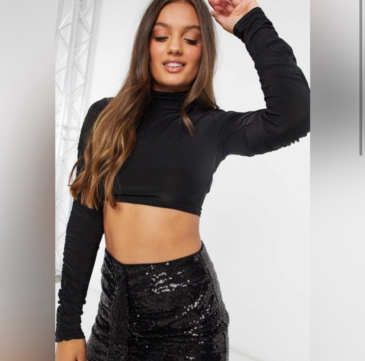 Missguided Ruched Sleeve Cropped Top in Black/SMALL
